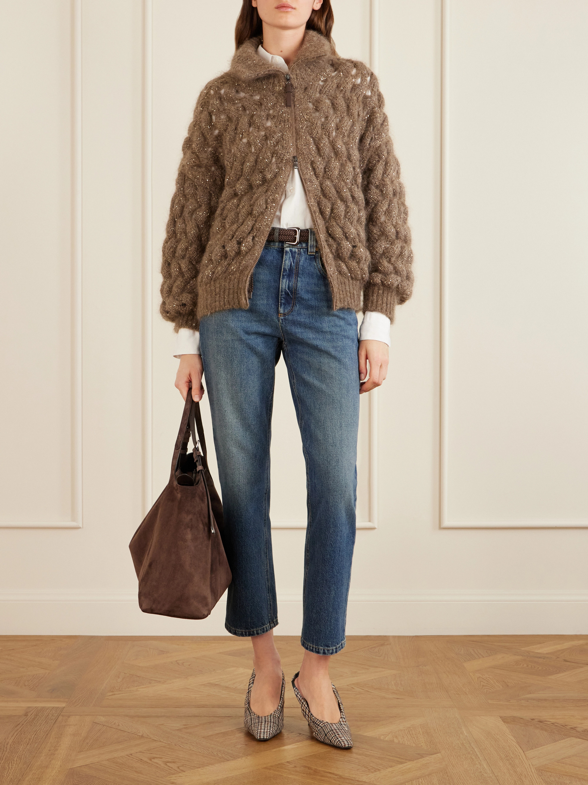 Brunello Cucinelli Cropped bead-embellished straight-leg jeans