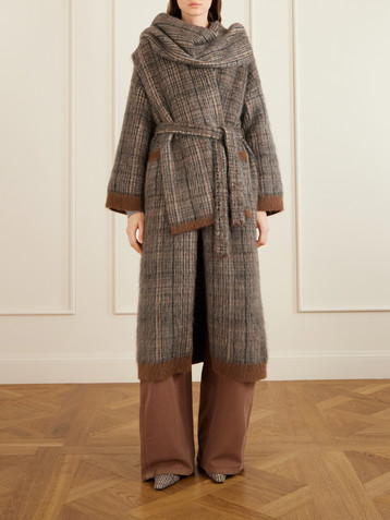 Brunello Cucinelli Scarf-detailed belted checked brushed wool-blend coat
