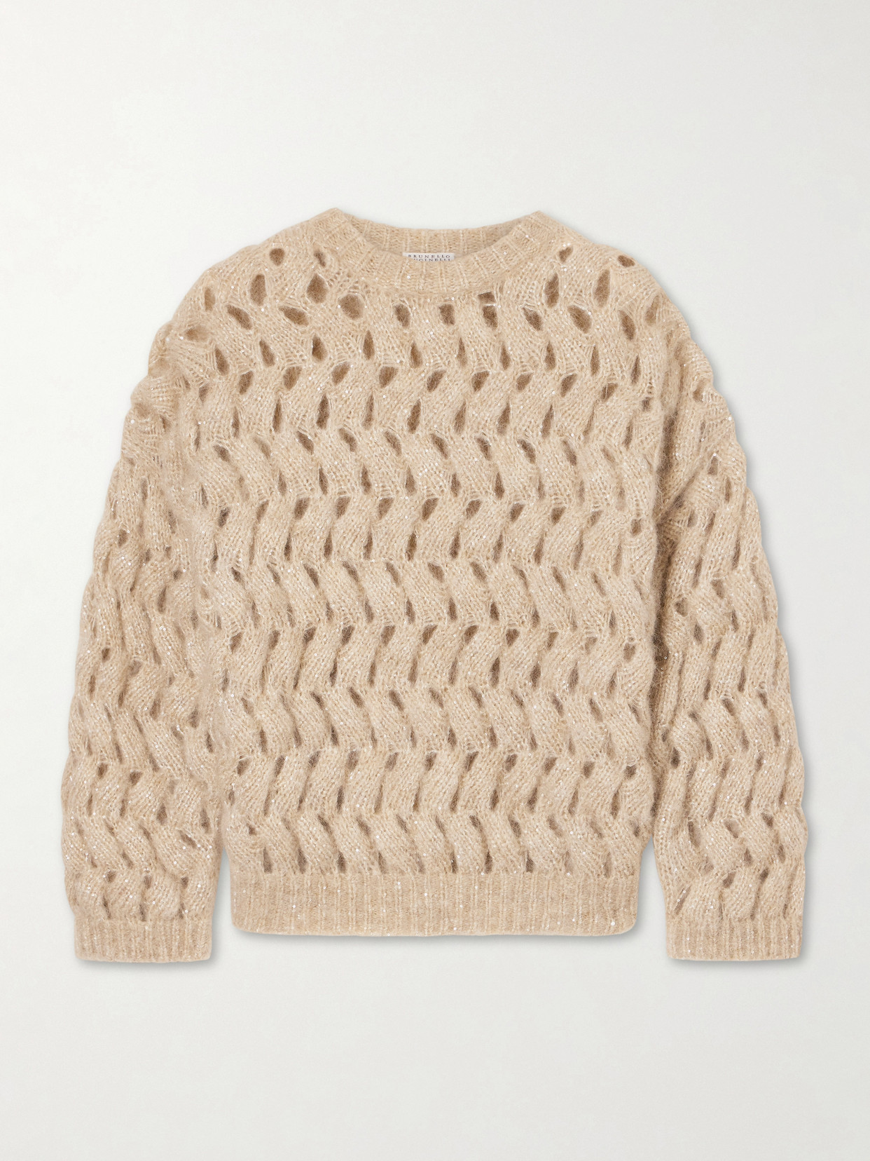 Brunello Cucinelli Sequin-embellished Open-knit Mohair-blend Sweater In Brown