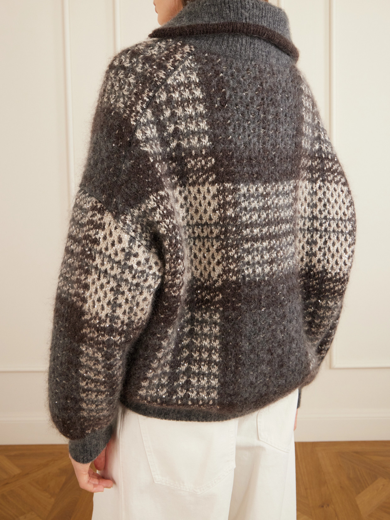 Sequin-Embellished Checked Woven Jacket