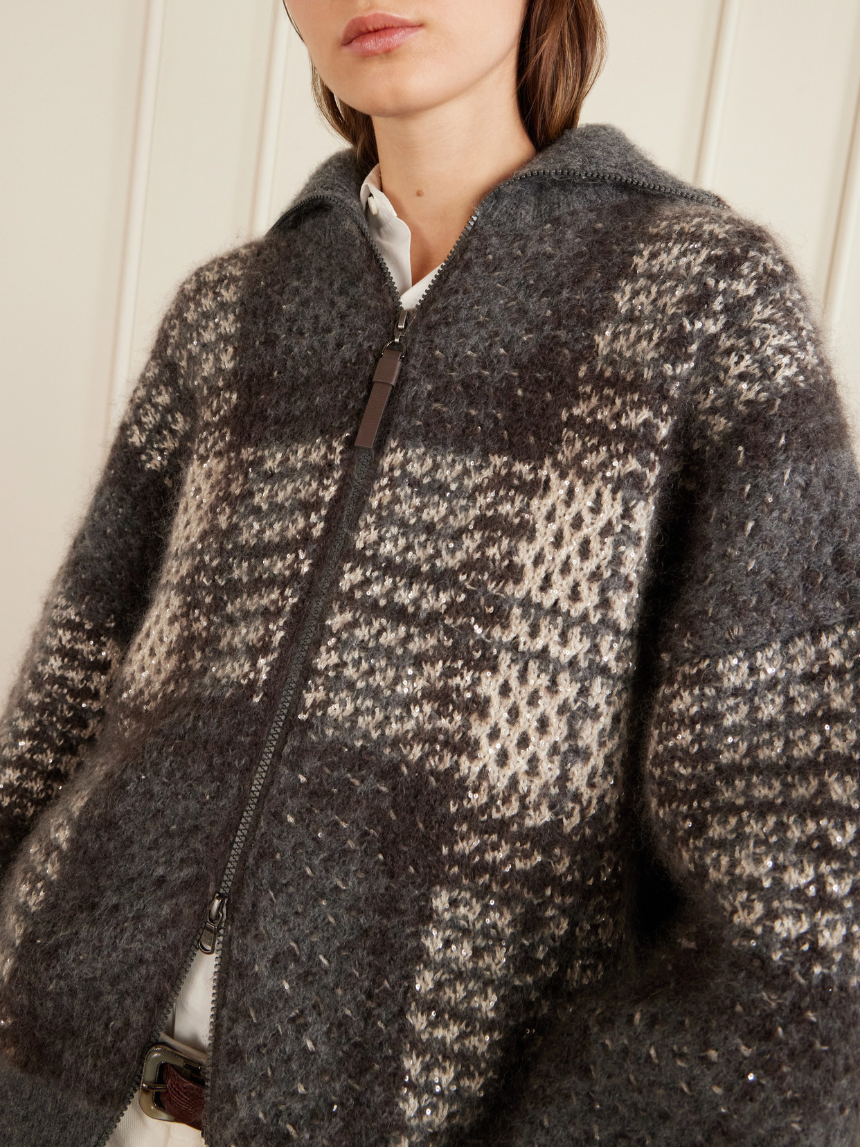 Sequin-Embellished Checked Woven Jacket