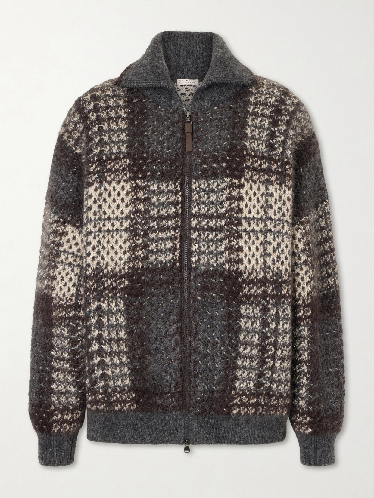Sequin-Embellished Checked Woven Jacket