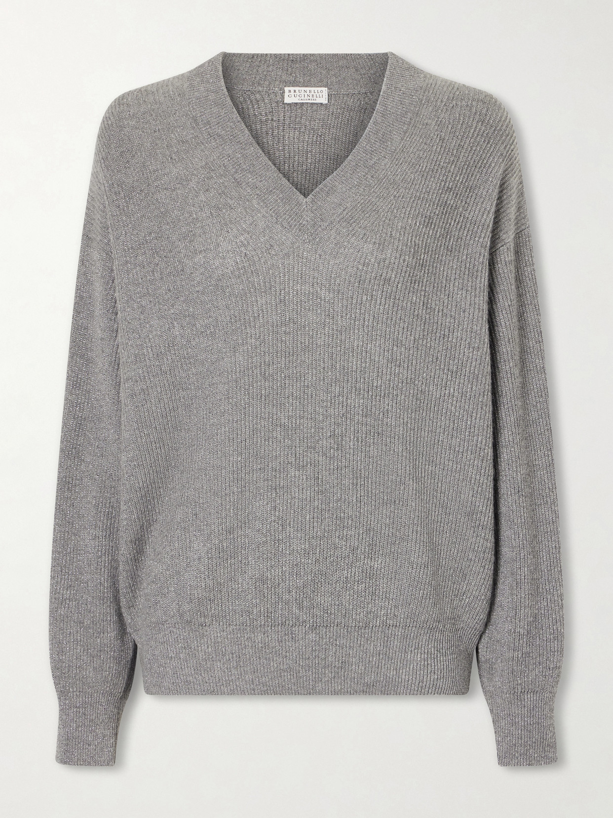 Brunello Cucinelli Ribbed-knit Metallic Cashmere-blend Sweater In Gray