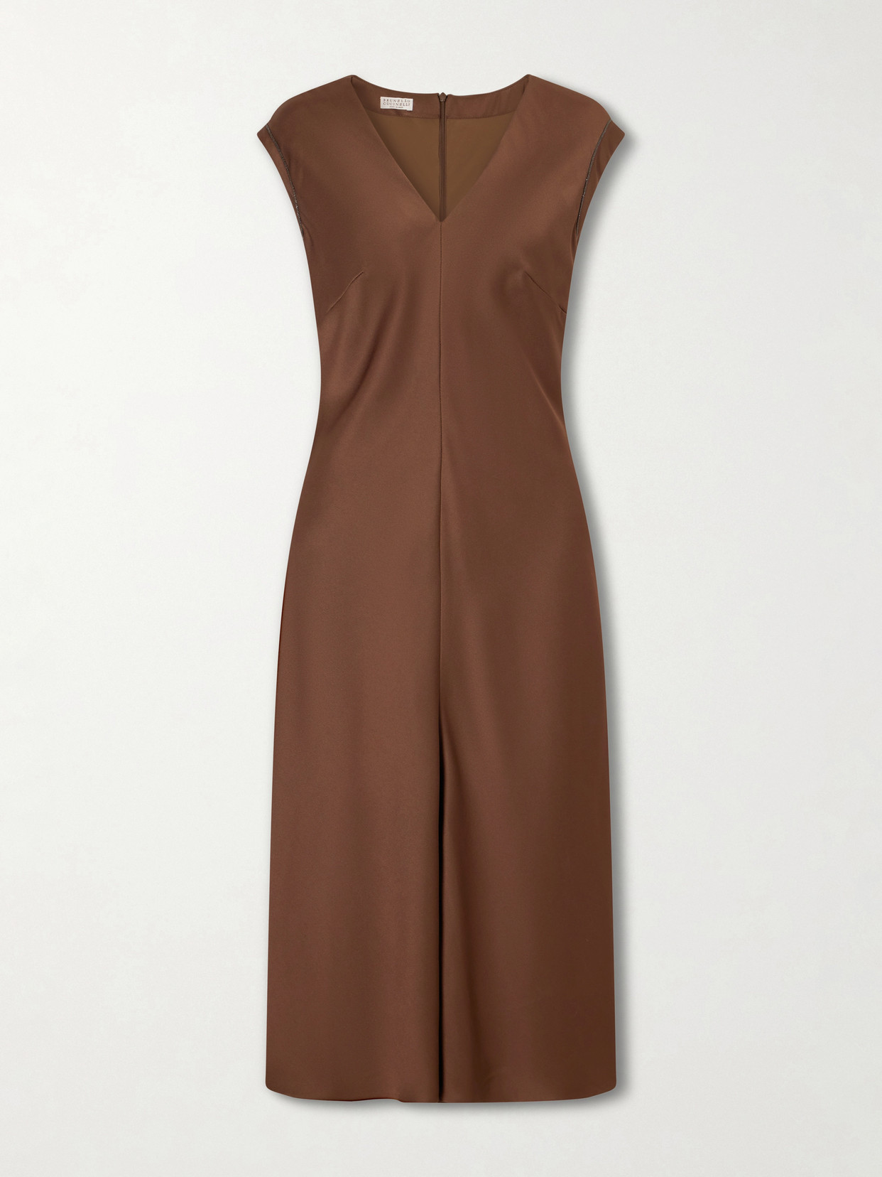 Brunello Cucinelli Bead-embellished Satin Midi Dress In Brown
