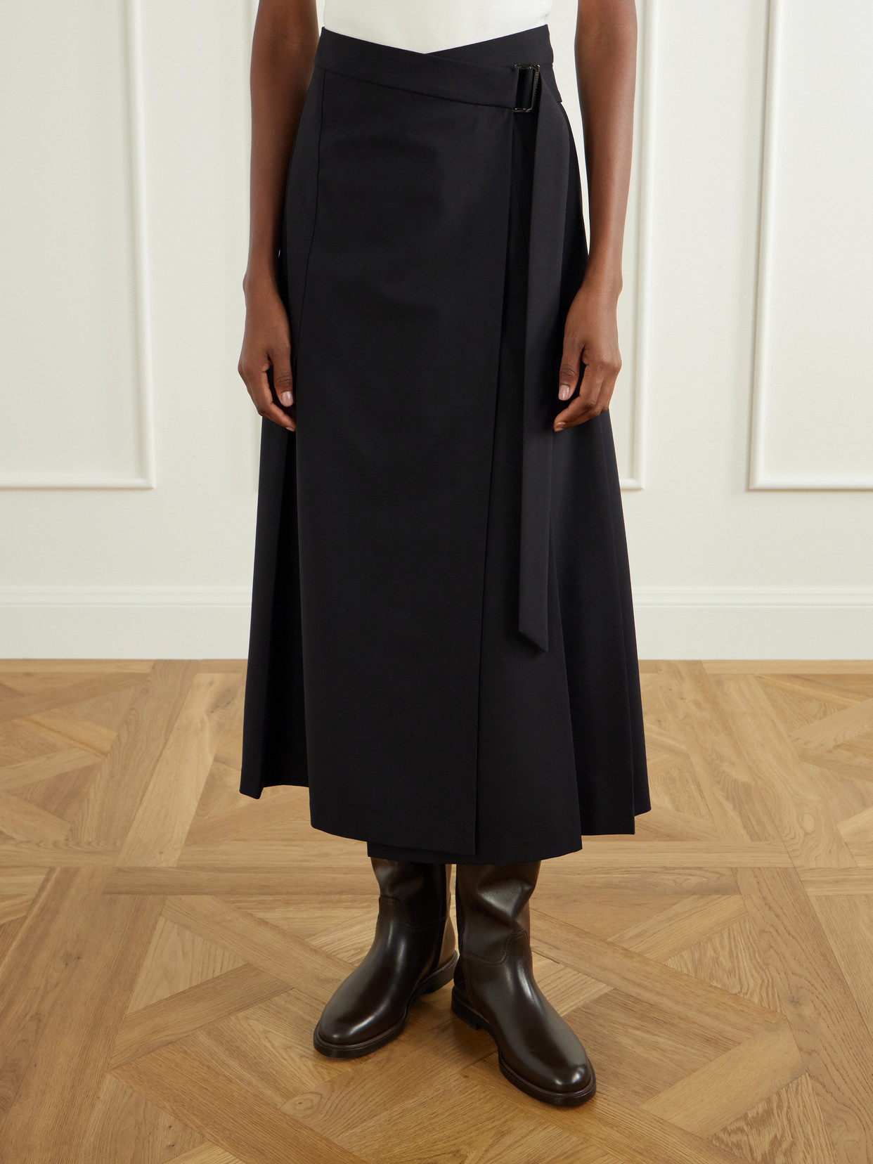 Pleated Wool-Blend Wrap Midi