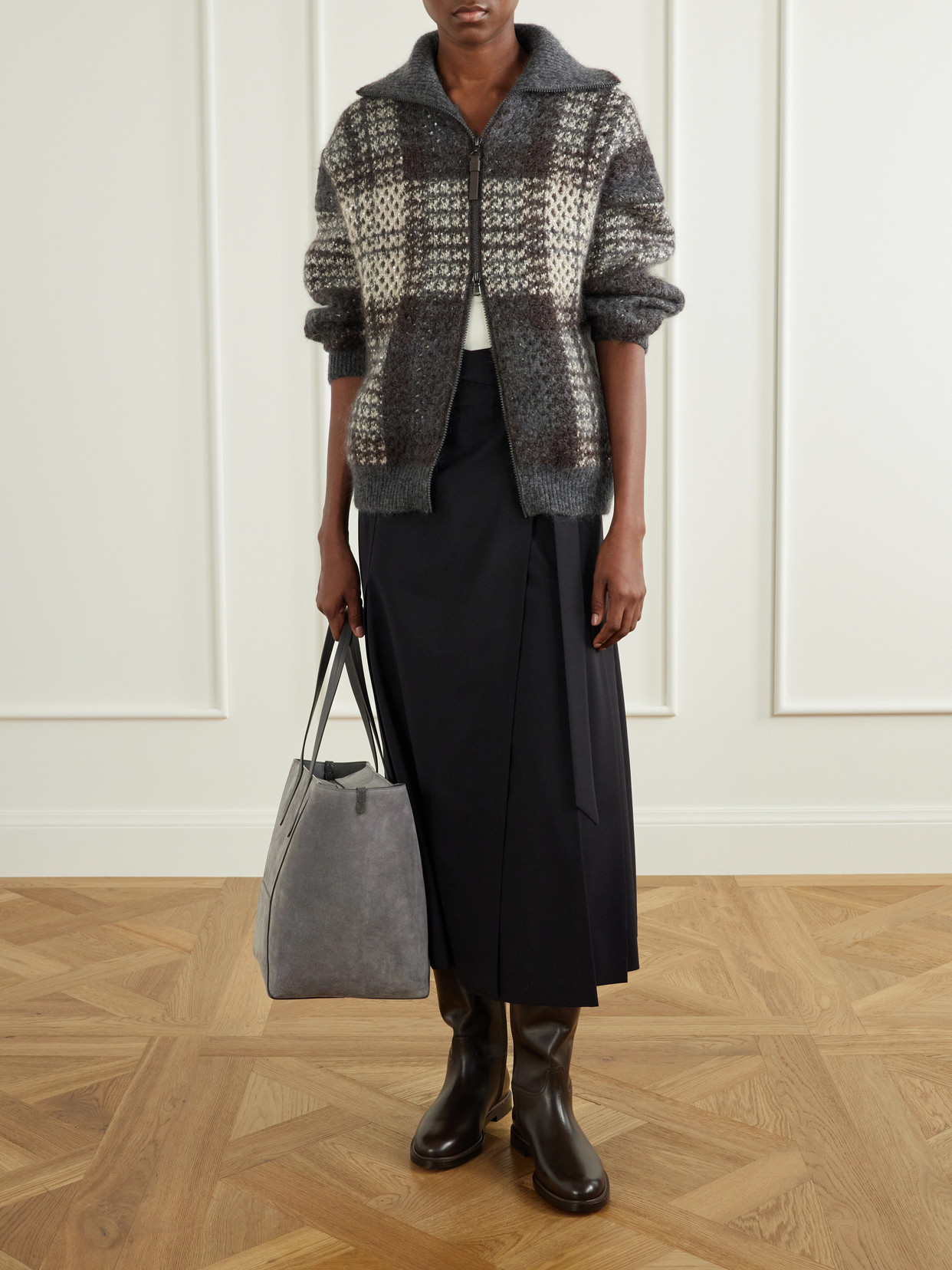 Pleated Wool-Blend Wrap Midi