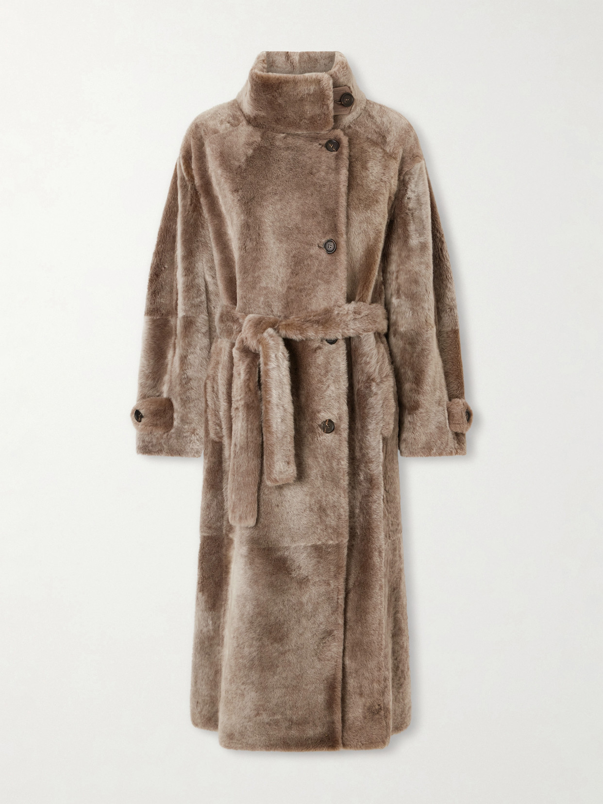 Brunello Cucinelli Belted Shearling Coat In Brown