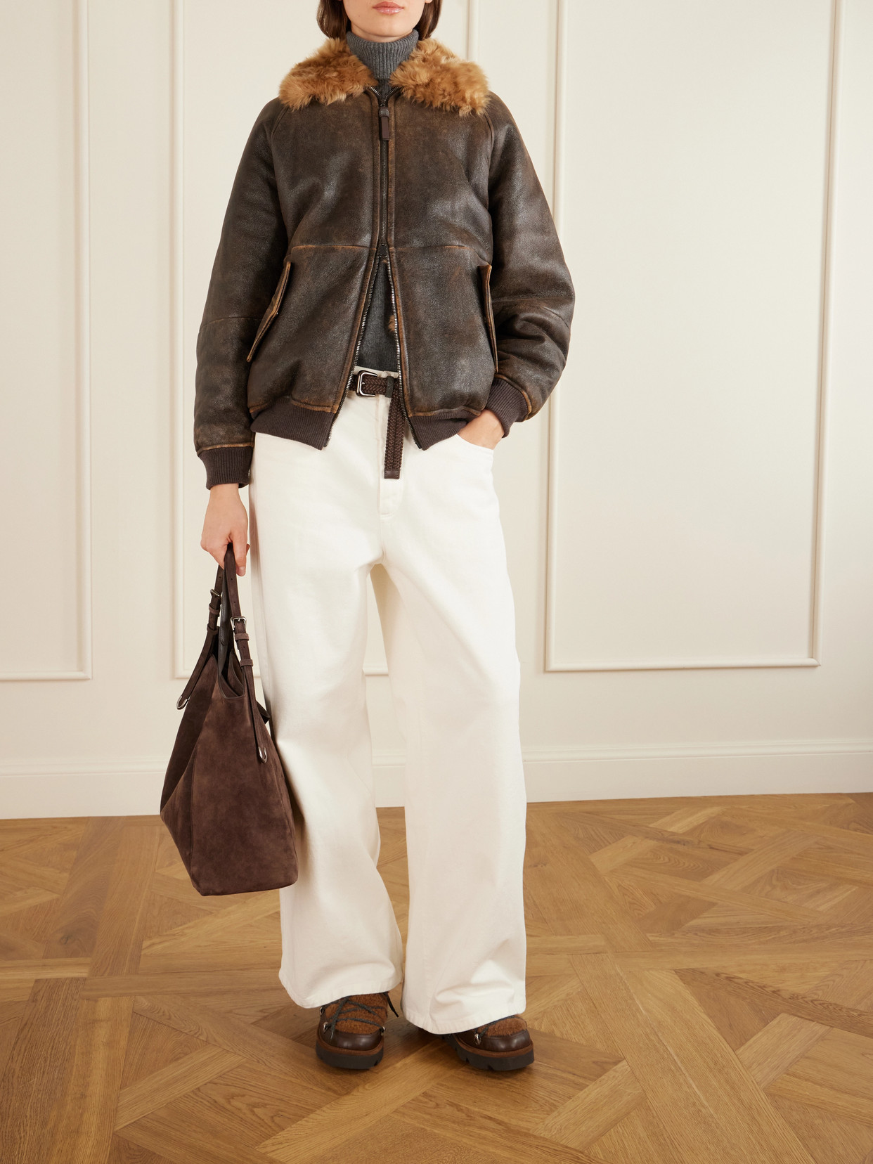 Bead-Embellished Shearling-Trimmed Ankle Boots