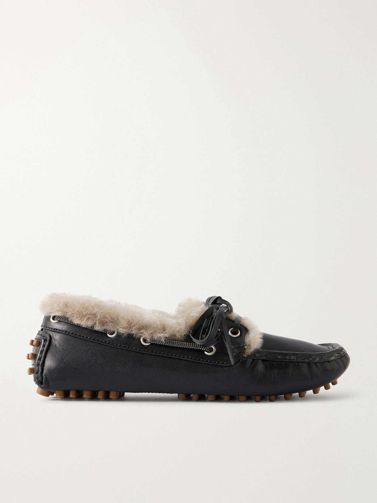 Brunello Cucinelli Bead-embellished Shearling-lined Leather Boat Shoes In Black