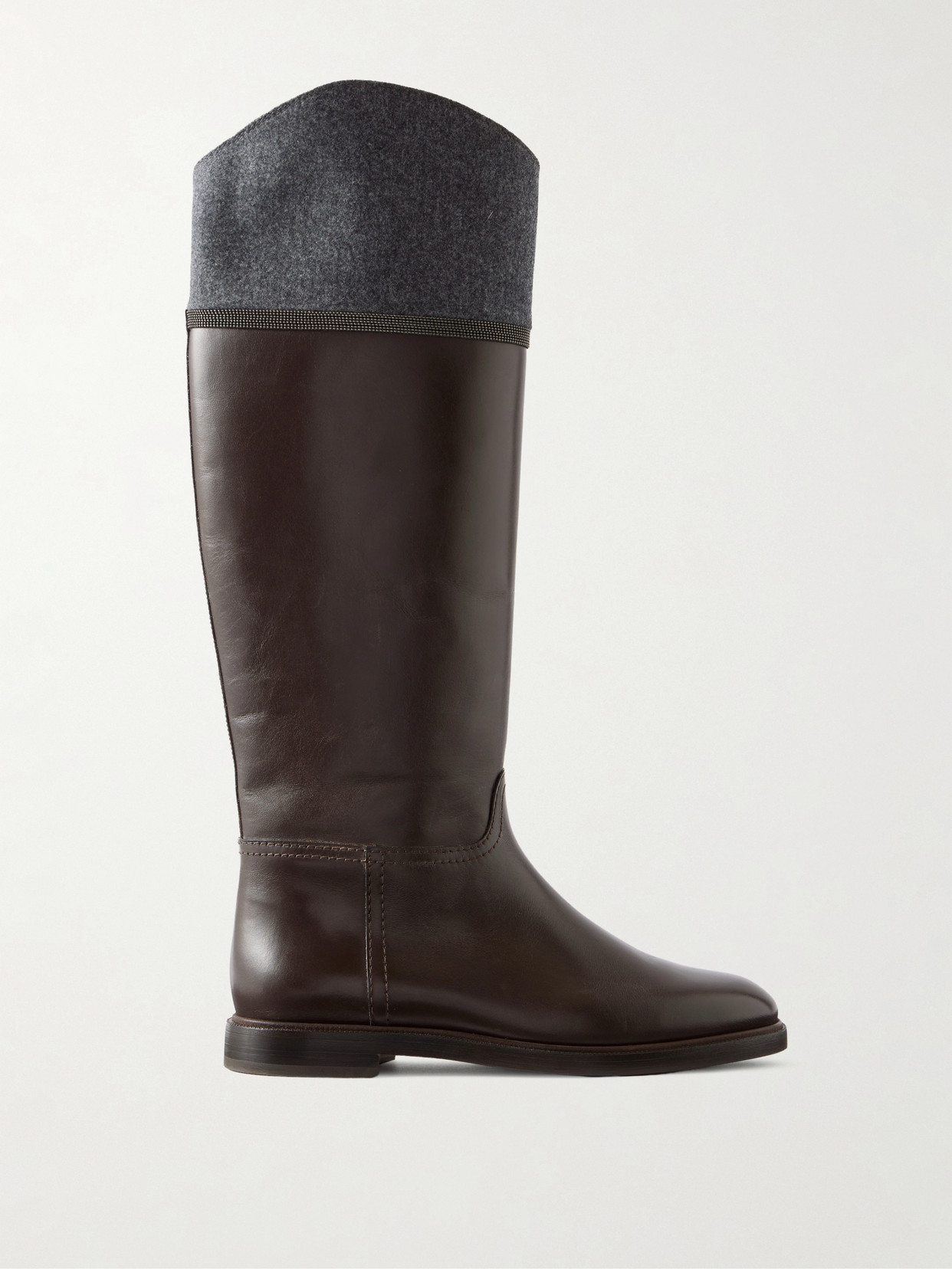 Brunello Cucinelli Bead-embellished Wool-trimmed Leather Ankle Boots In Brown