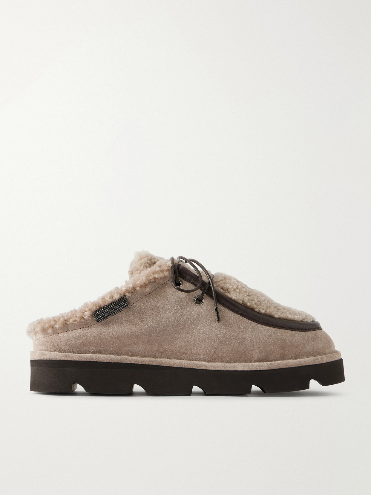 Brunello Cucinelli Shearling-trimmed Suede Clogs In Brown