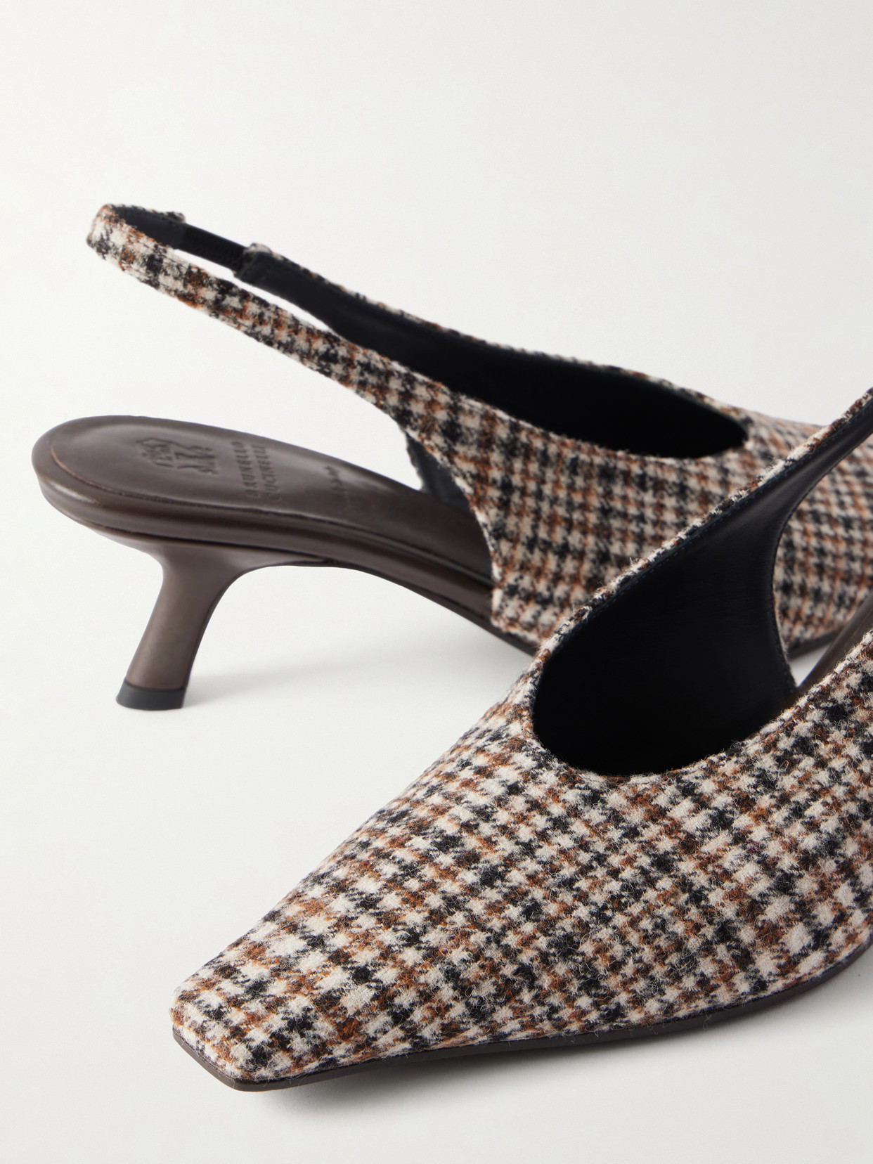 Brunello Cucinelli Checked Wool Slingback Pumps In Brown