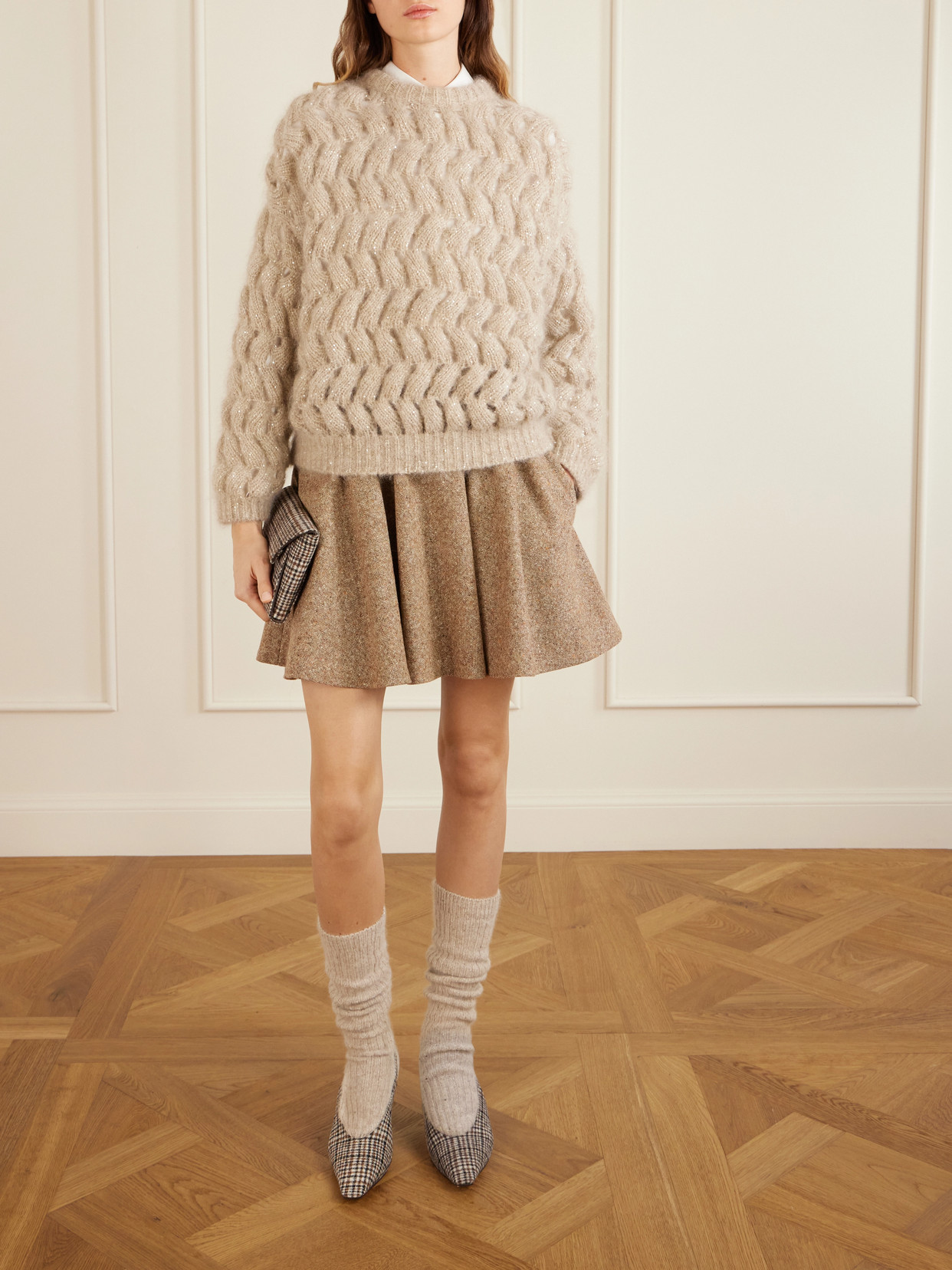 Brunello Cucinelli Checked Wool Slingback Pumps In Brown