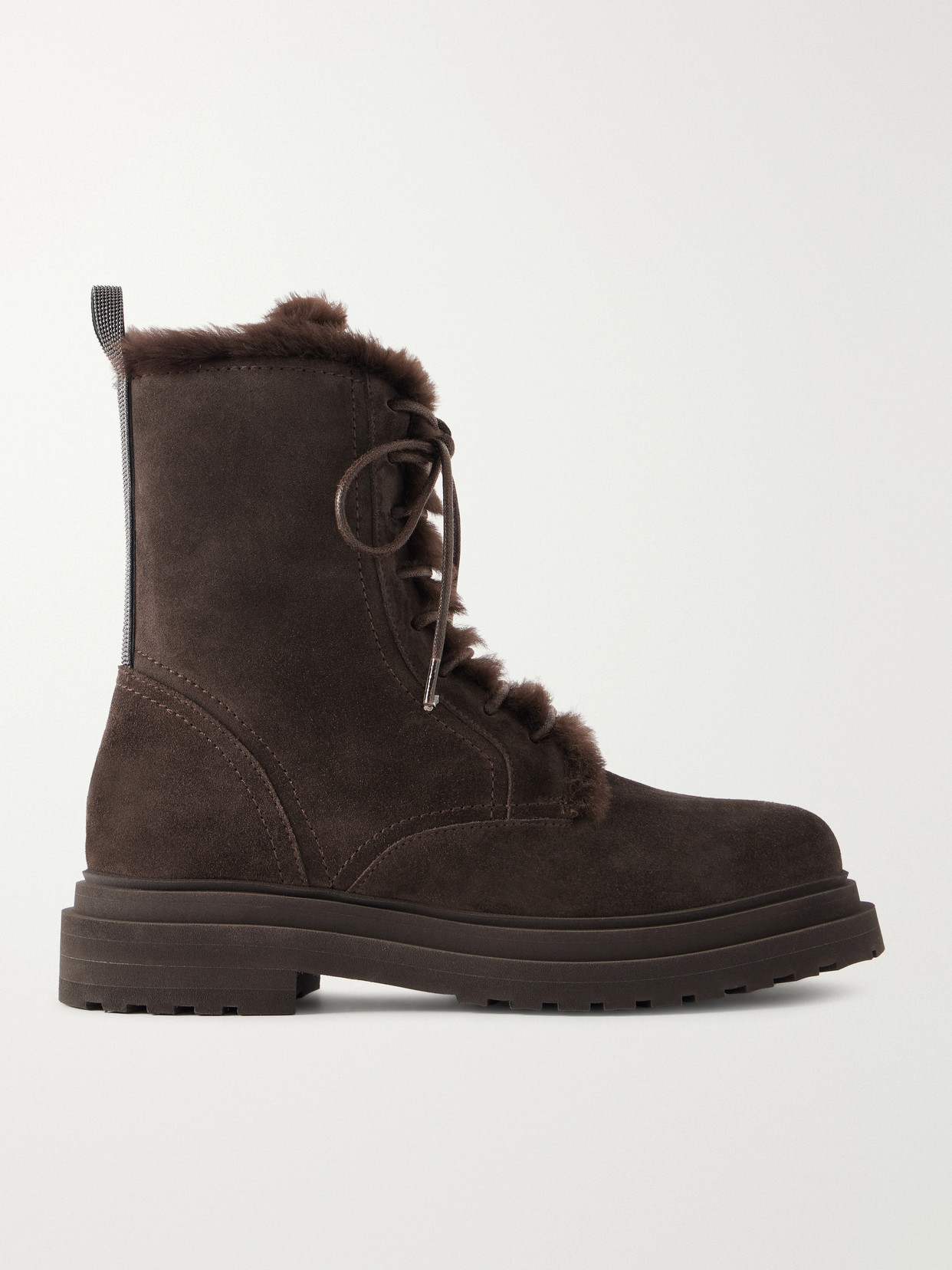 Brunello Cucinelli Bead-embellished Shearling-lined Suede Ankle Boots In Brown