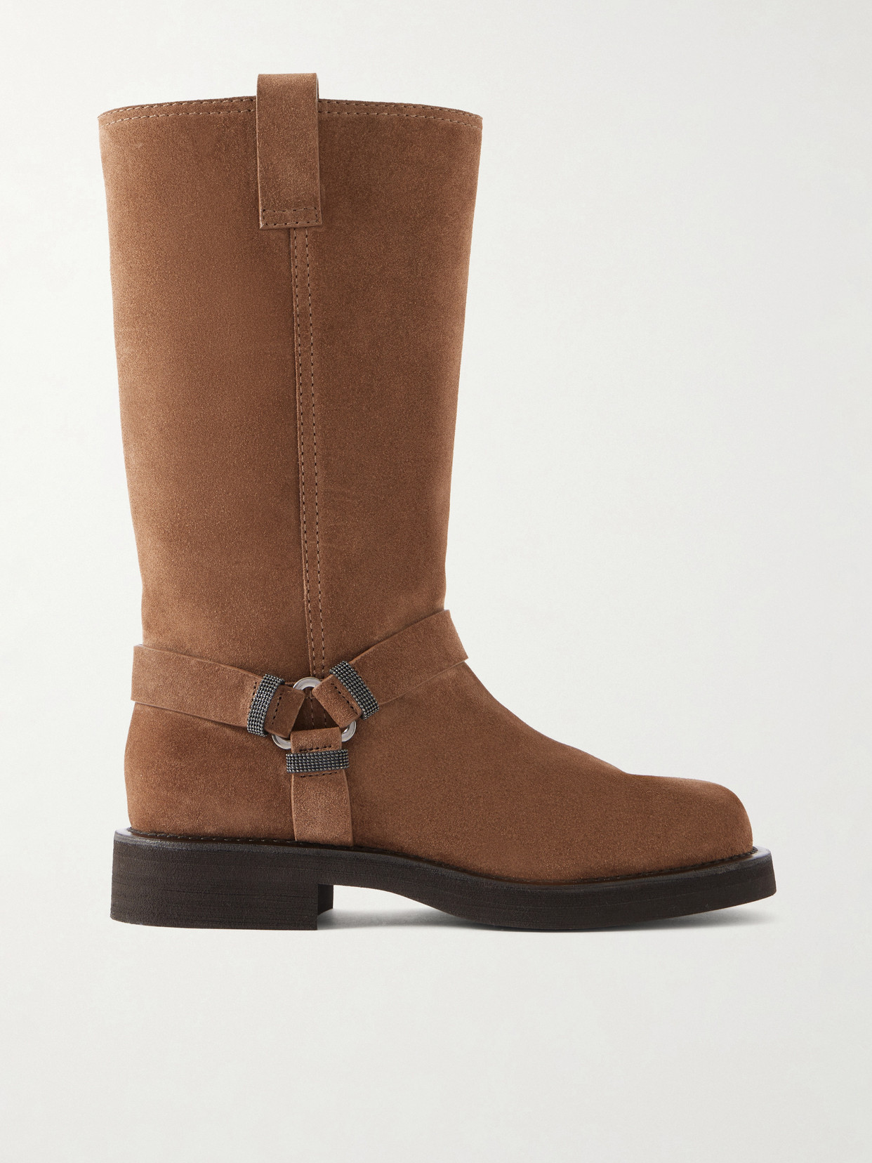 Brunello Cucinelli - Bead-embellished Suede Biker Boots - Brown