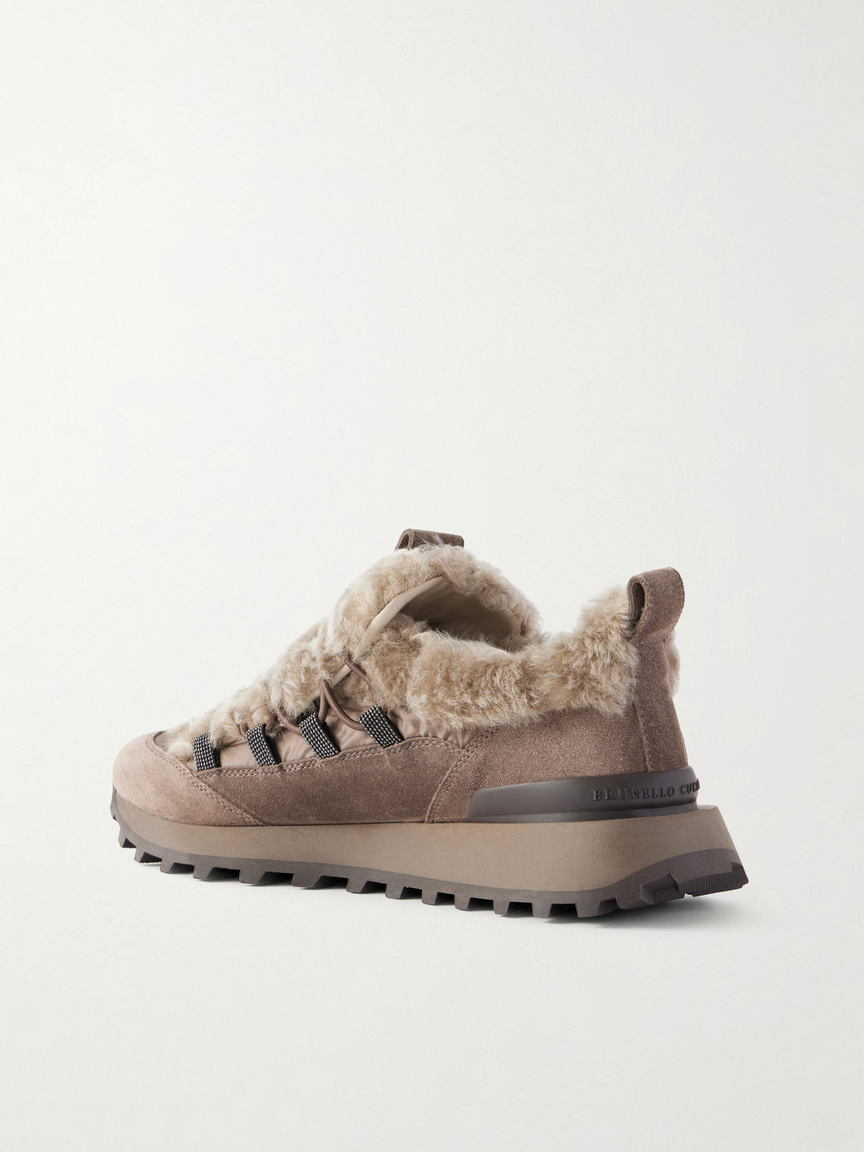 Bead-Embellished Shearling-Trimmed Sneakers