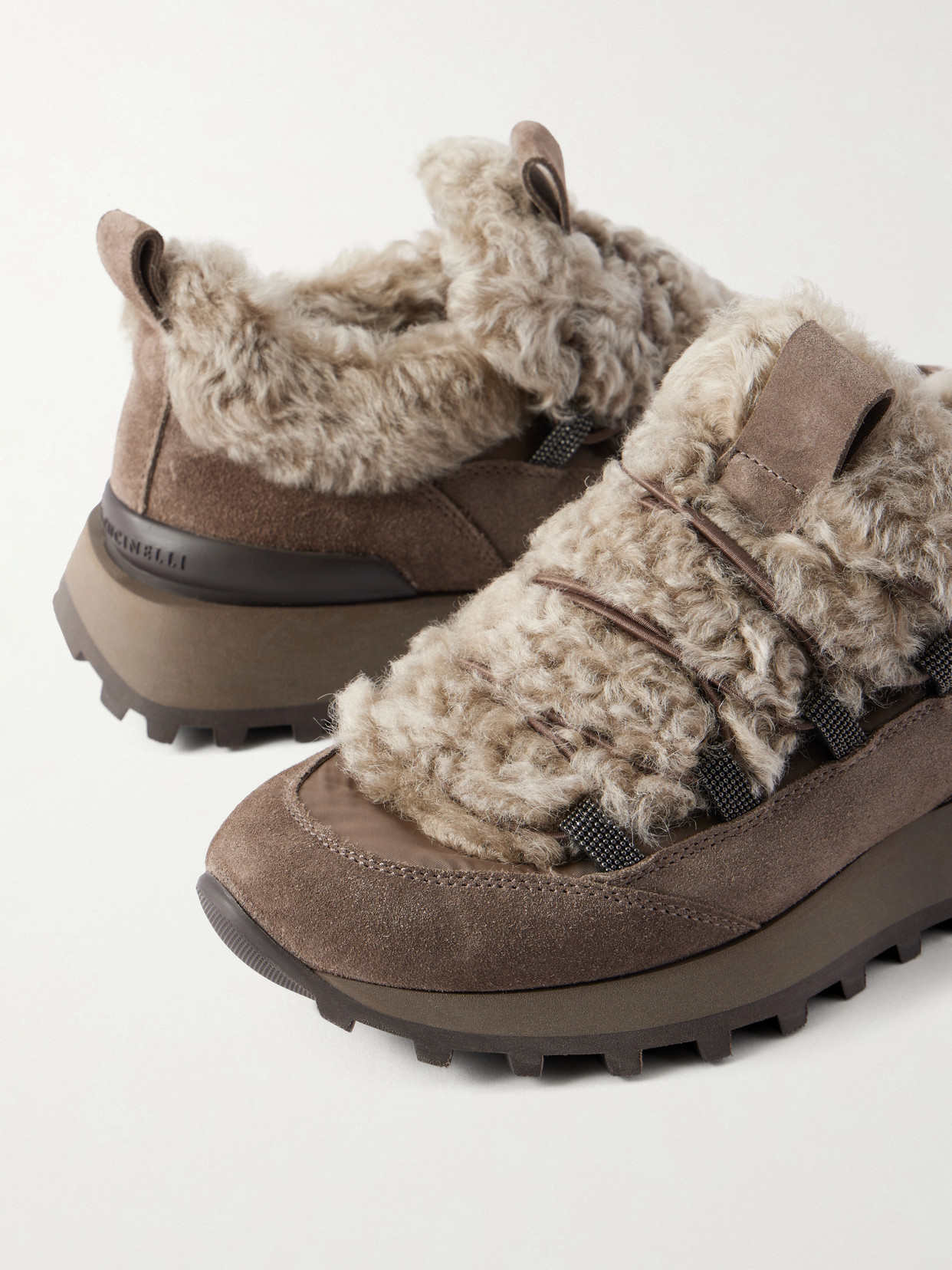Bead-Embellished Shearling-Trimmed Sneakers