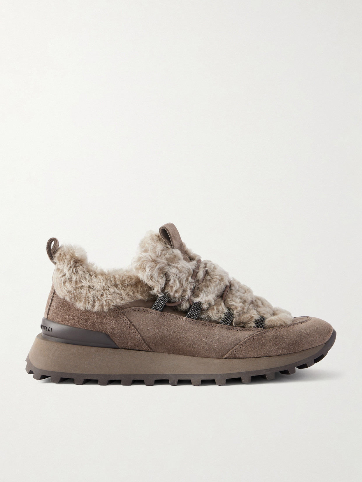 Brunello Cucinelli - Bead-embellished Shearling-trimmed Suede Sneakers - Gray
