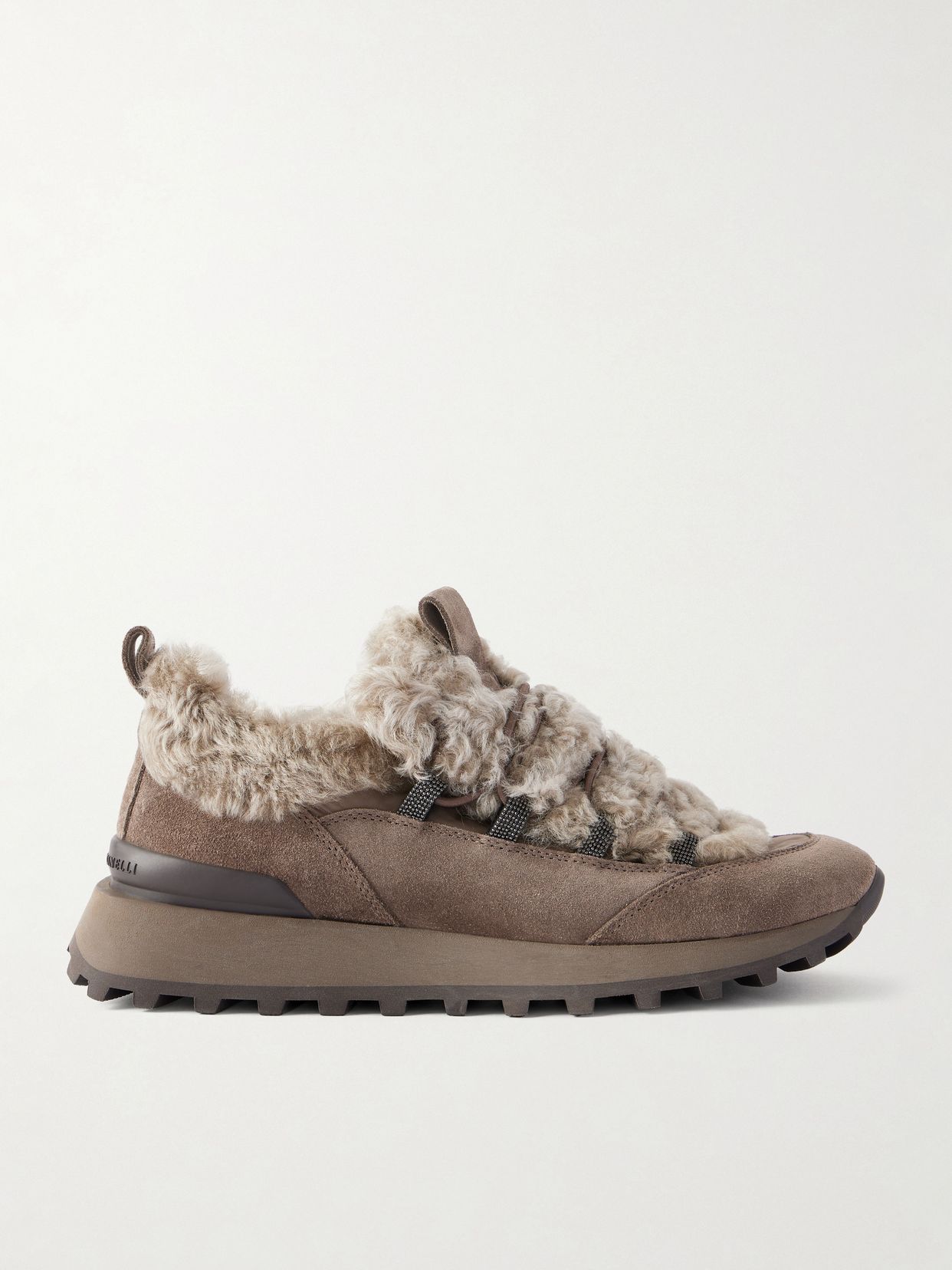 bead embellished shearling trimmed suede sneakers