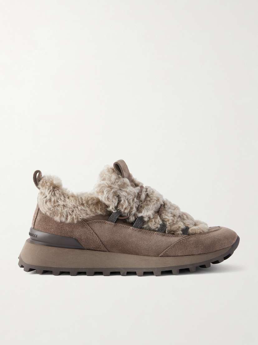 Brunello Cucinelli Bead-embellished Shearling-trimmed Suede Sneakers | Thumbnail 6 Brunello Cucinelli Bead-embellished Shearling-trimmed Suede Sneakers | Thumbnail 6