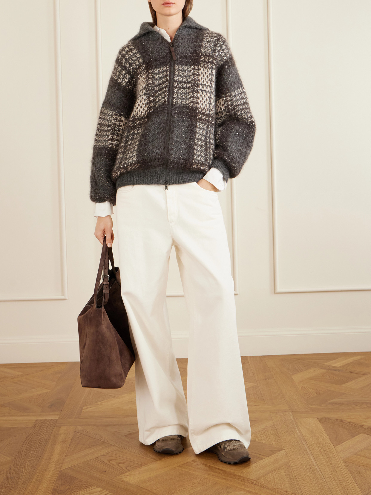 Bead-Embellished Shearling-Trimmed Sneakers