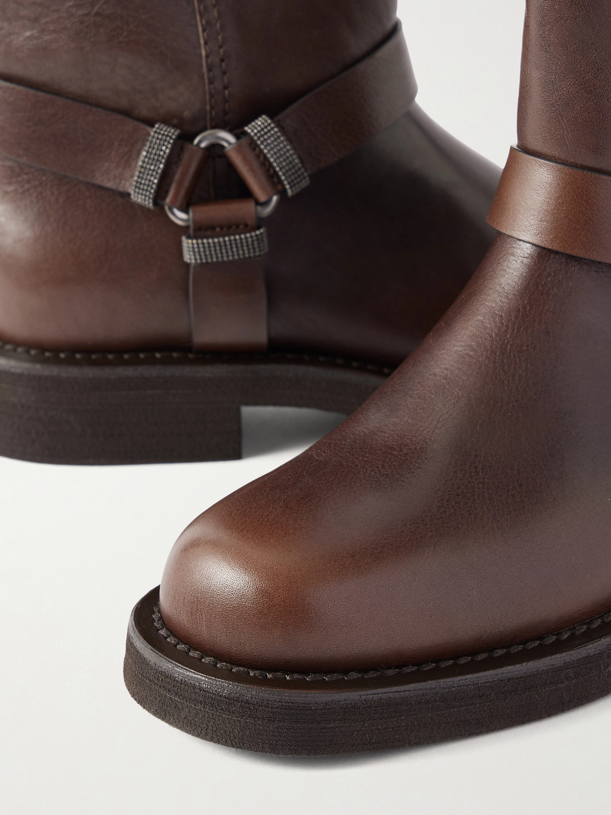 Bead-Embellished Leather Biker Boots