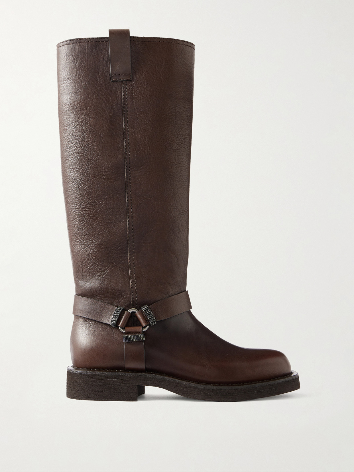 Brunello Cucinelli Bead-embellished Leather Biker Boots In Brown