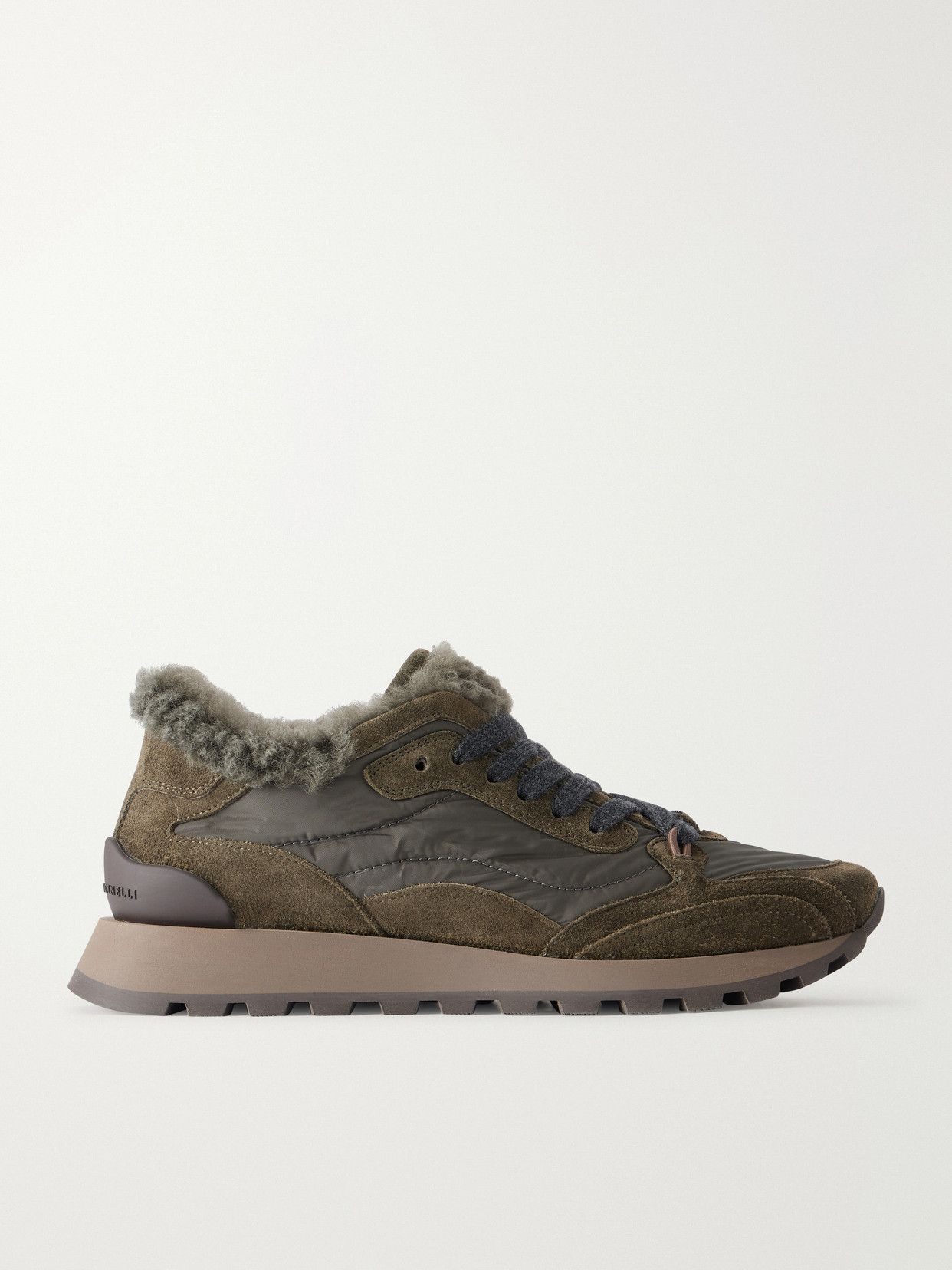 Brunello Cucinelli Shearling-trimmed Shell And Suede Sneakers In Multi