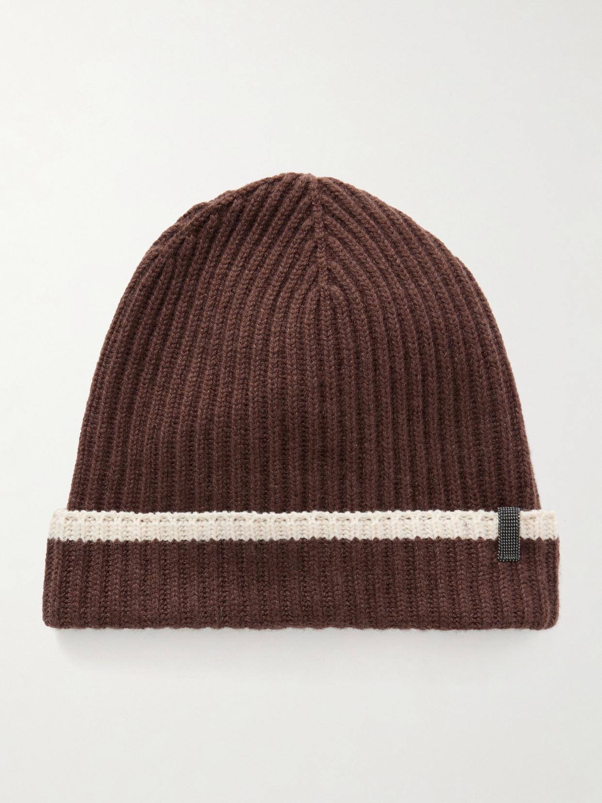 Brunello Cucinelli Embellished Striped Ribbed Cashmere Beanie In Brown