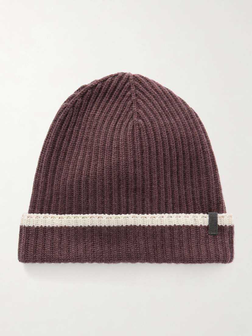 Brunello Cucinelli Embellished triped Ribbed Cashmere Beanie | Thumbnail 3 Brunello Cucinelli Embellished triped Ribbed Cashmere Beanie | Thumbnail 3