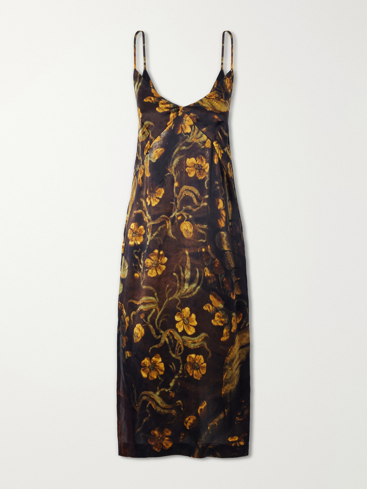 Dries Van Noten Floral-print Silk-satin Midi Dress In Brown