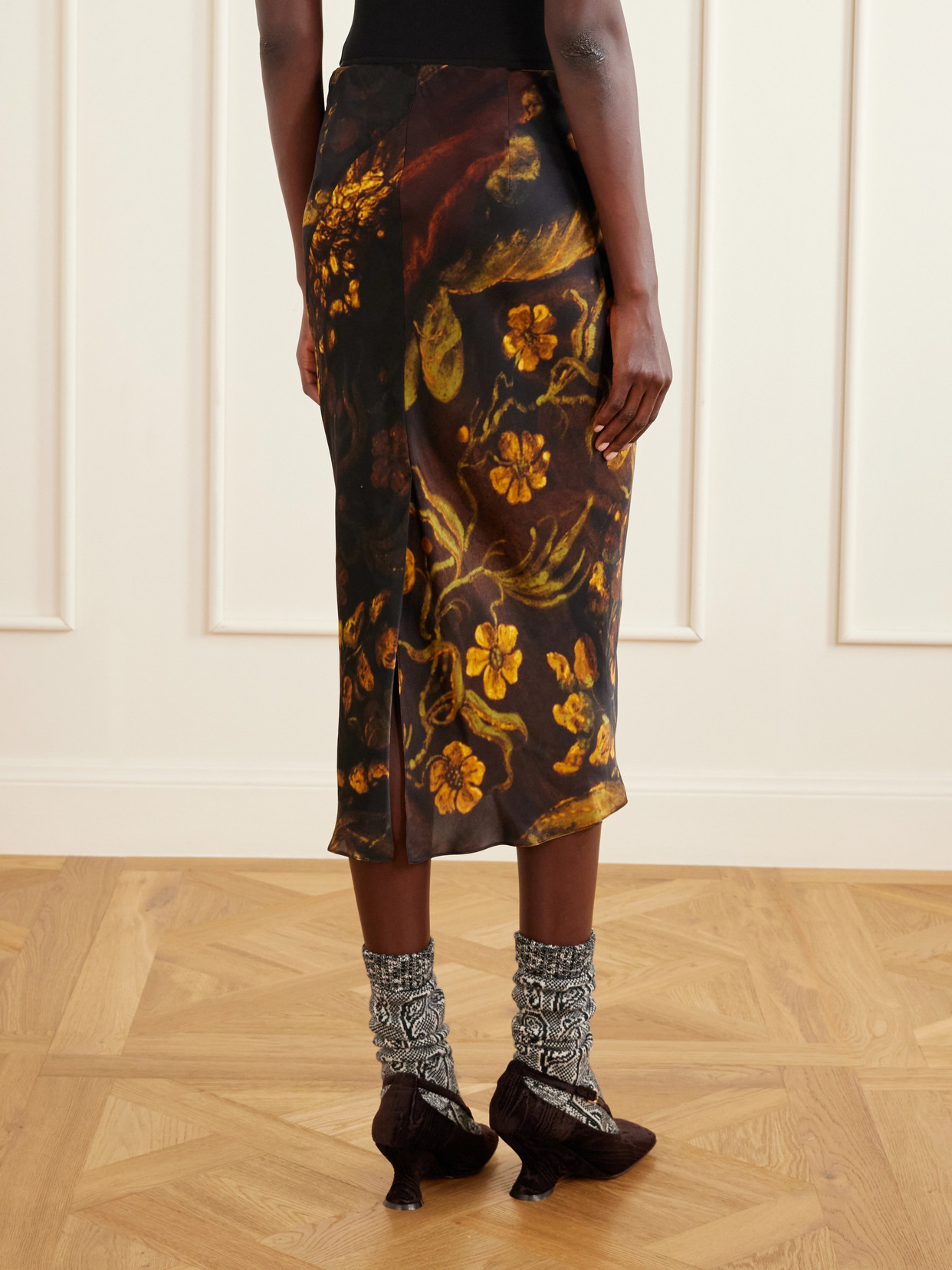 Floral-Printed Silk-Satin Midi