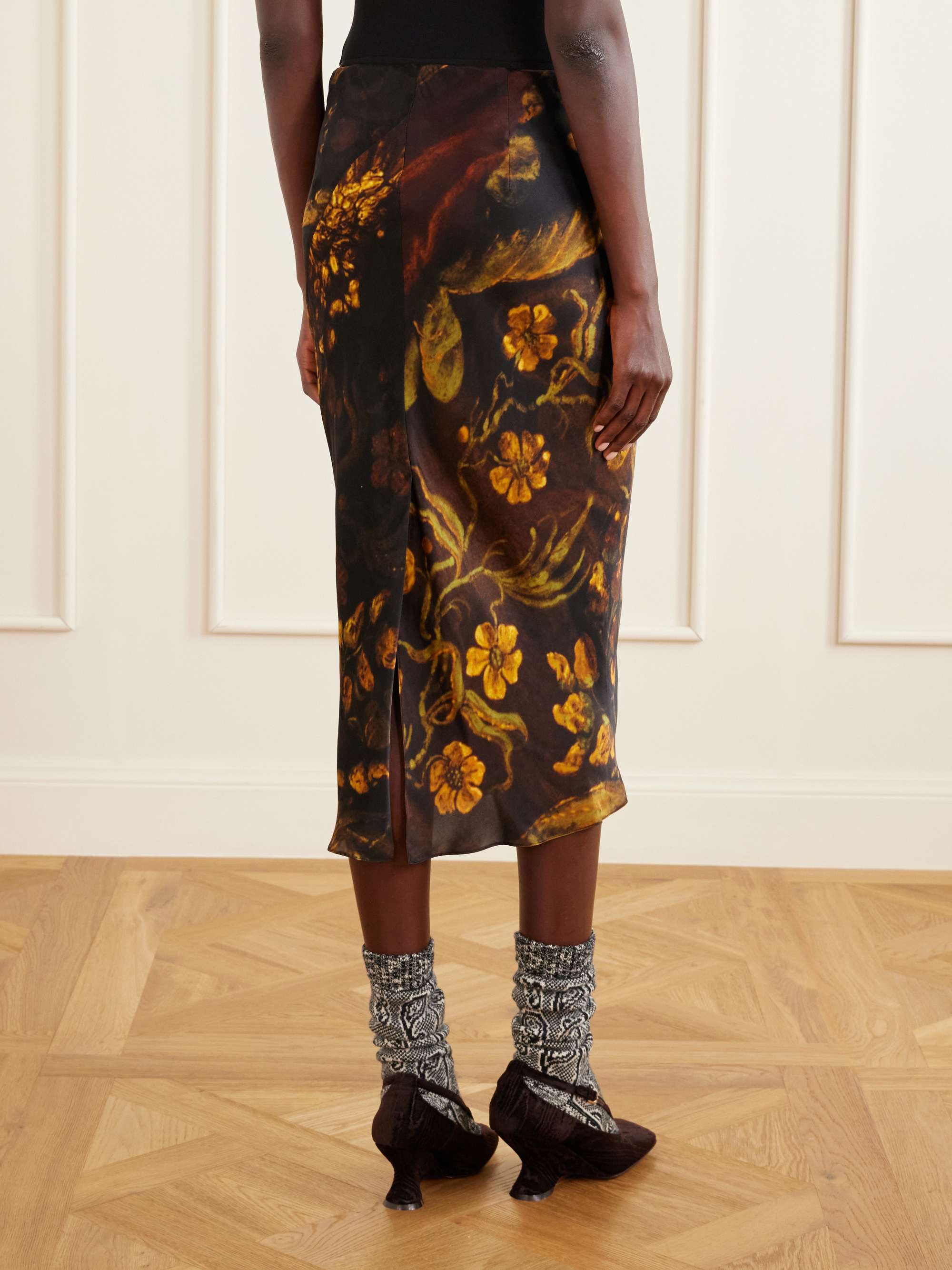 DRIES VAN NOTEN Floral-printed silk-satin midi skirt | NET-A-PORTER