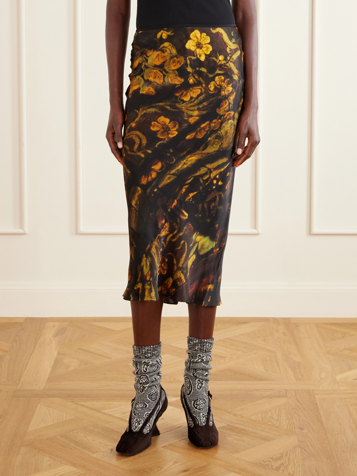 Floral-Printed Silk-Satin Midi