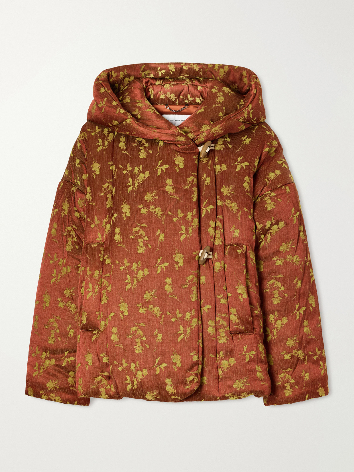 Dries Van Noten Hooded Padded Floral-jacquard Jacket In Brown