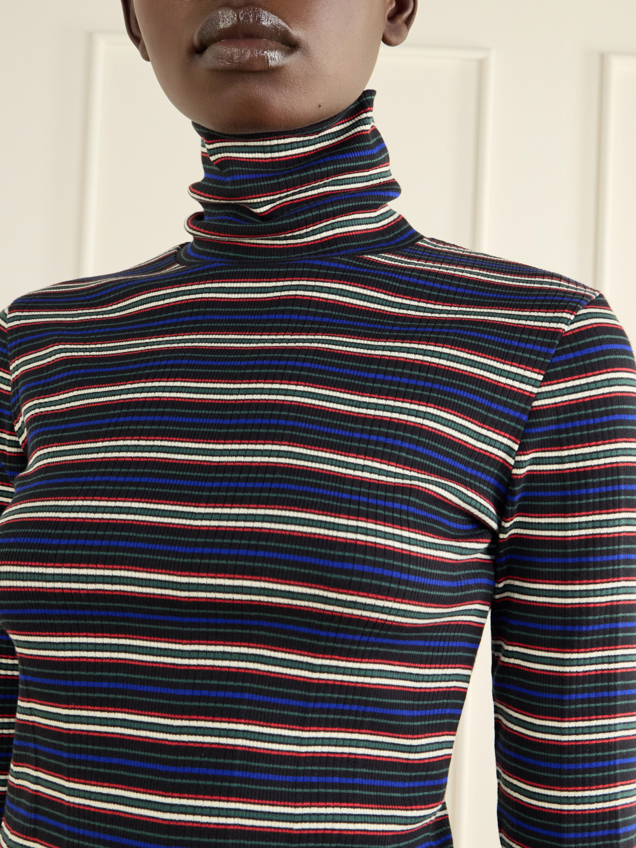 Striped Ribbed Cotton-Blend Turtleneck Sweater