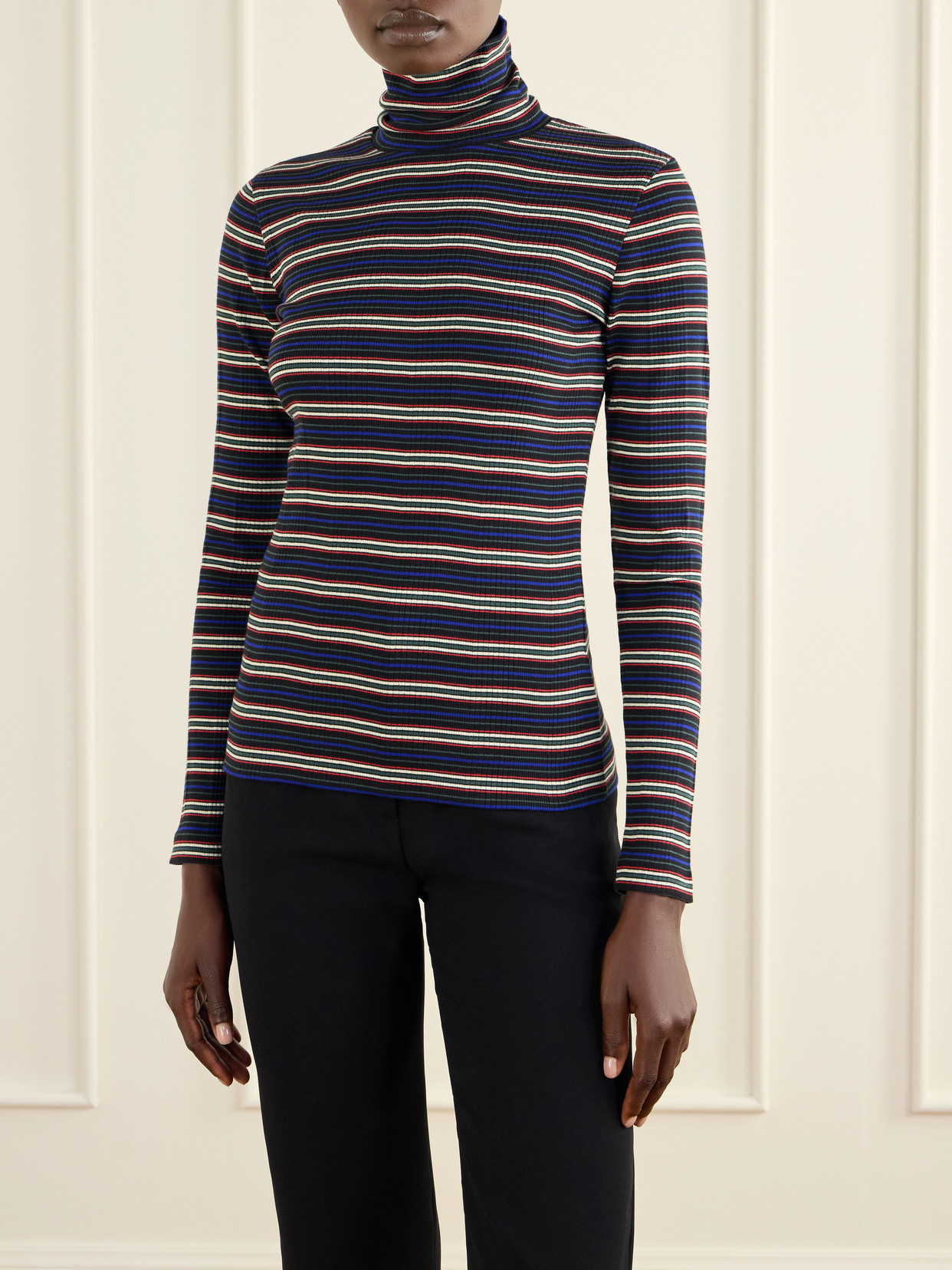 Striped Ribbed Cotton-Blend Turtleneck Sweater