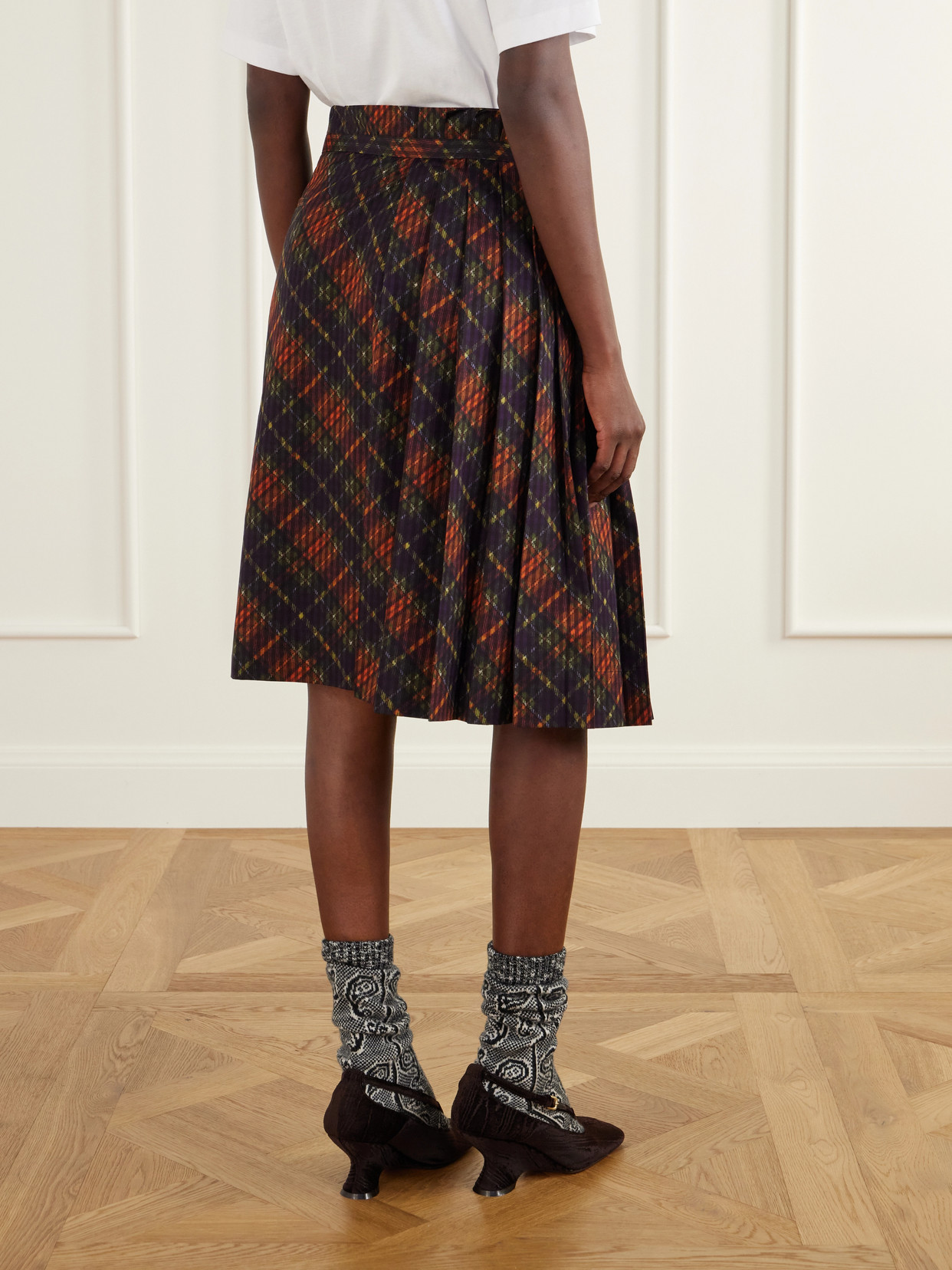 Checked Pleated Cotton Midi