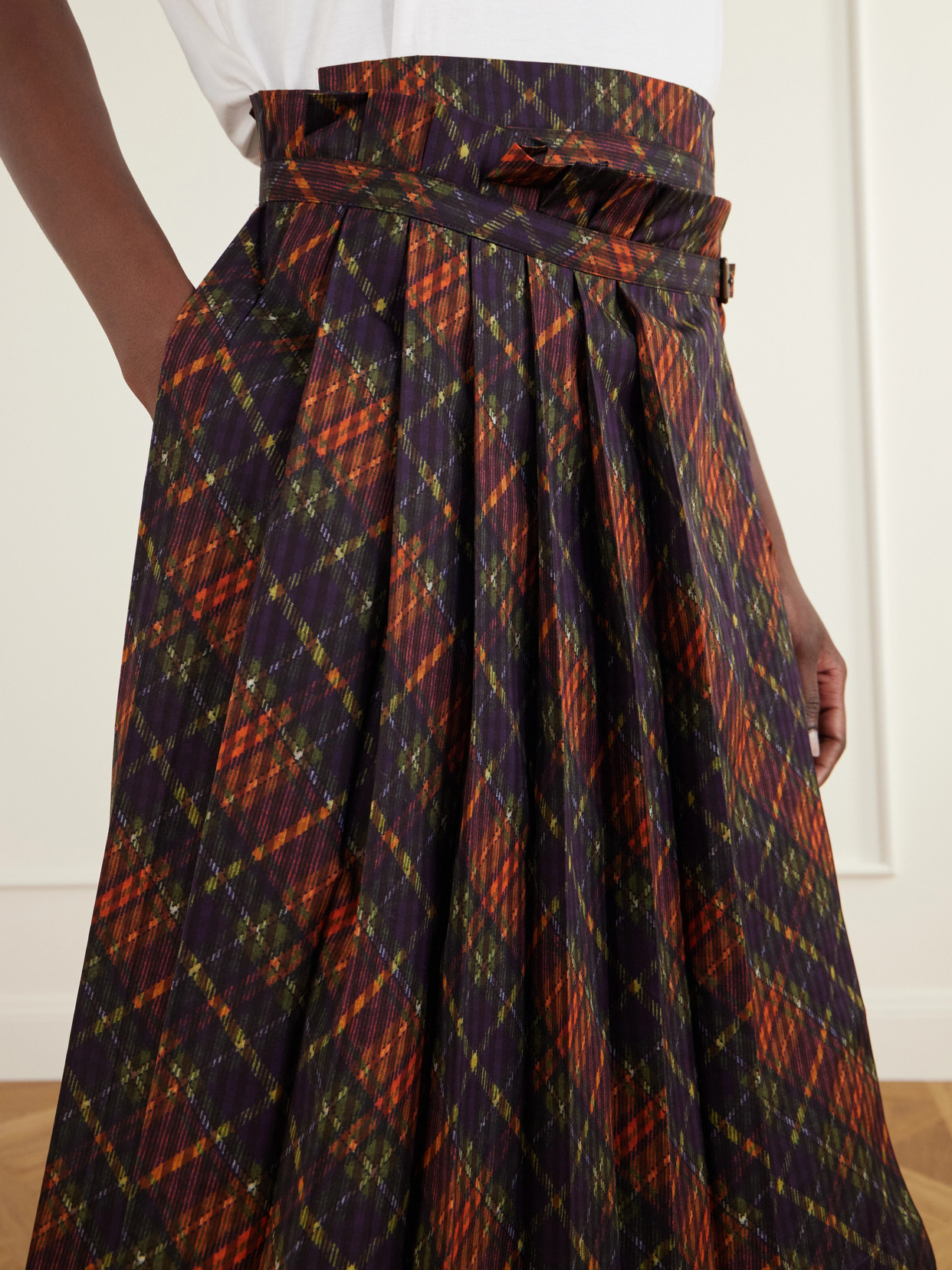 Checked Pleated Cotton Midi