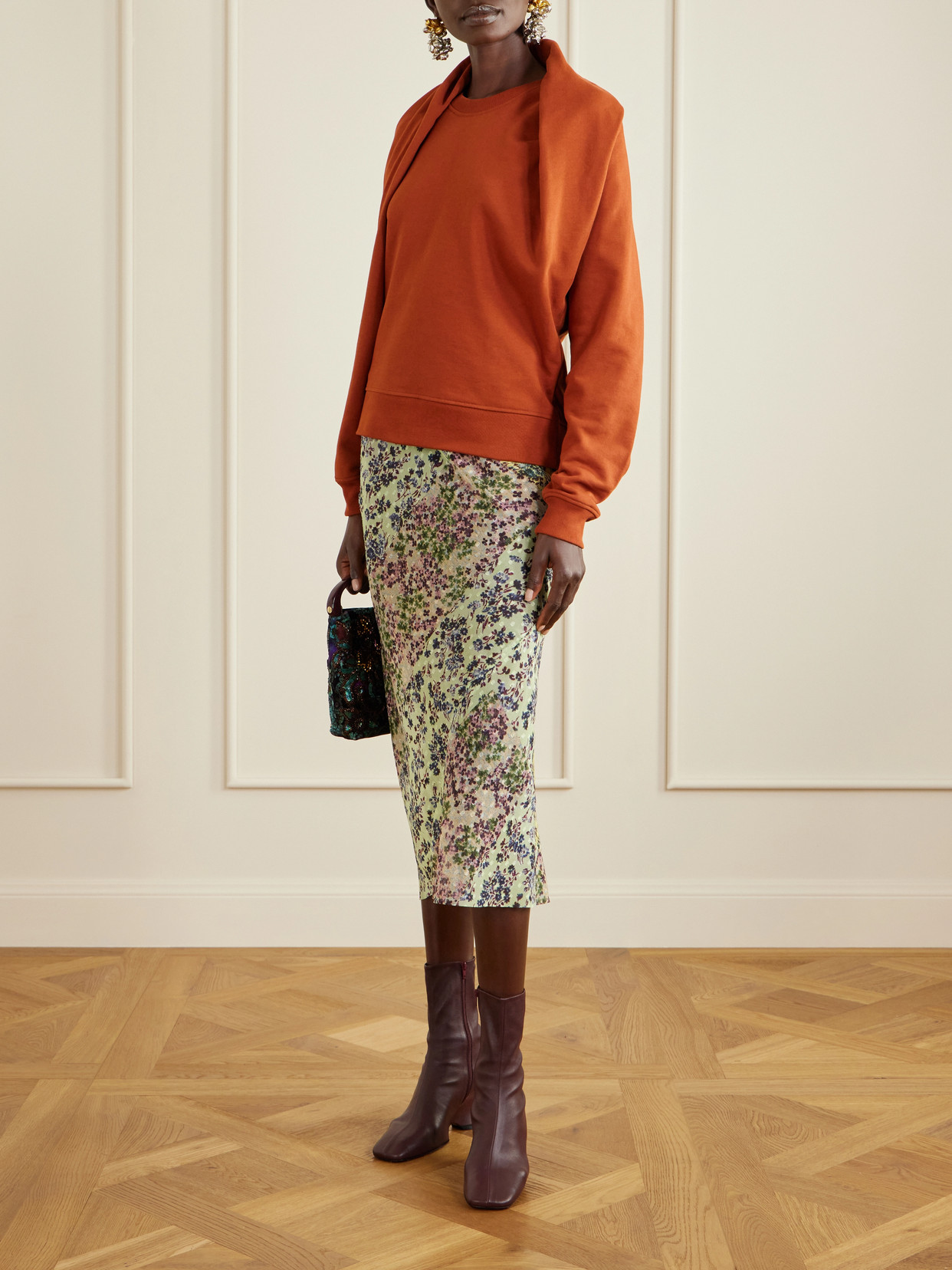 Floral-Print Jacquard Georgette Midi