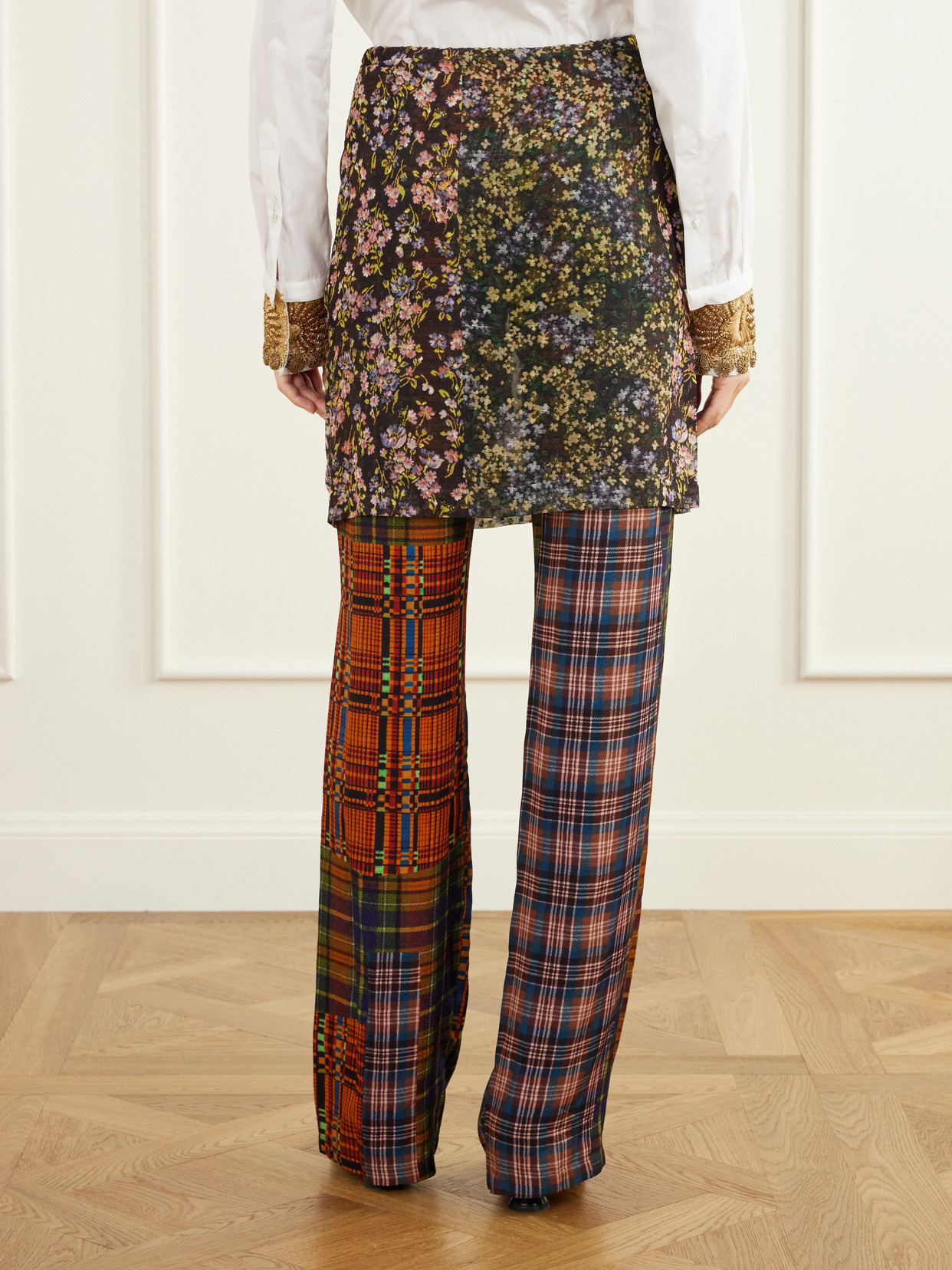 Skirt-Detailed Printed Crepe And Satin Straight- Leg