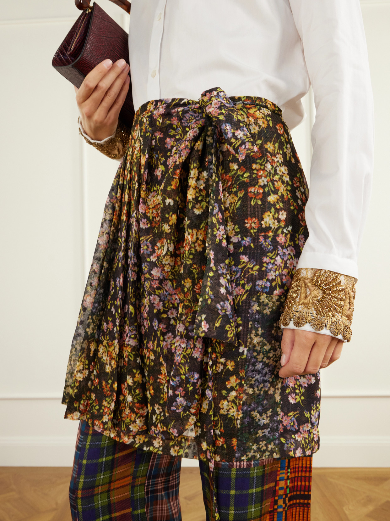 Skirt-Detailed Printed Crepe And Satin Straight- Leg