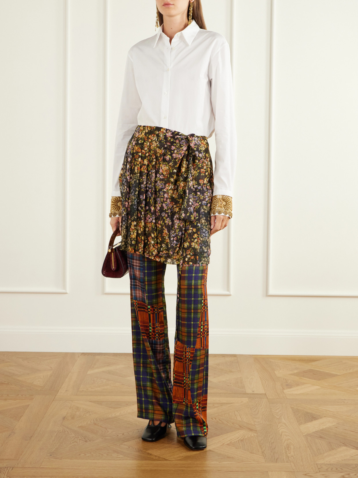 Skirt-Detailed Printed Crepe And Satin Straight- Leg