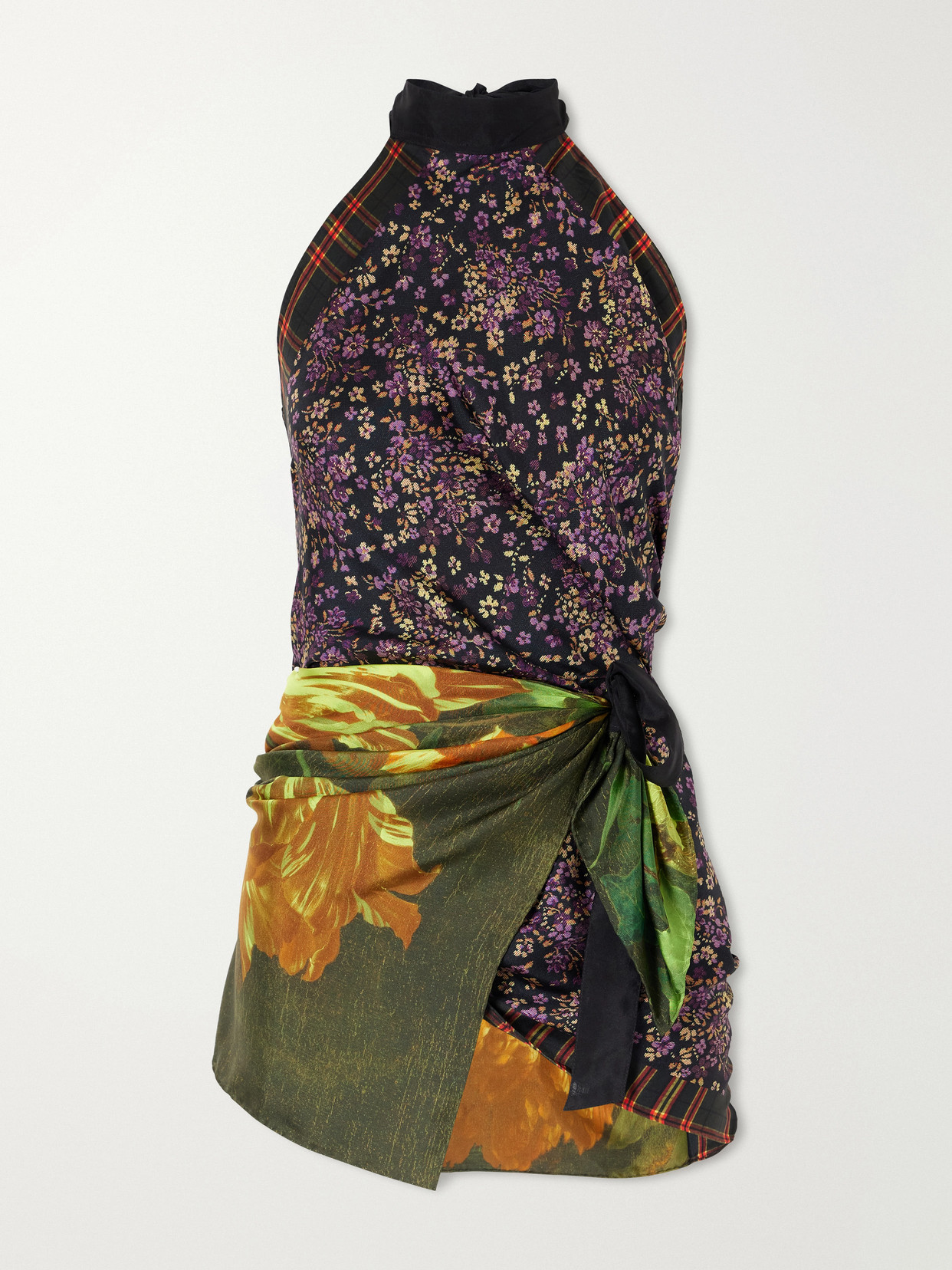 Dries Van Noten Printed Self-tie Neck Silk-satin Blouse In Purple