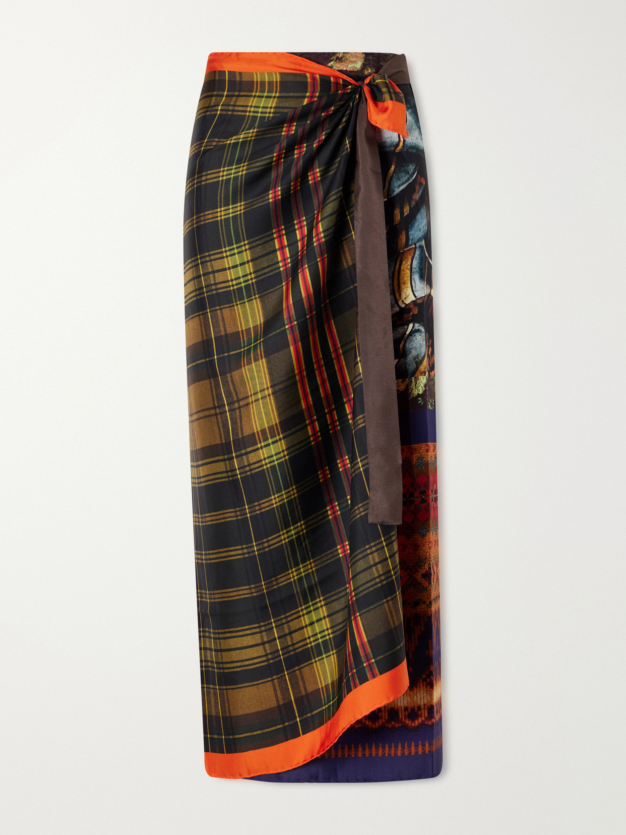 Dries Van Noten Printed Self-tie Silk-satin Midi Skirt In Orange