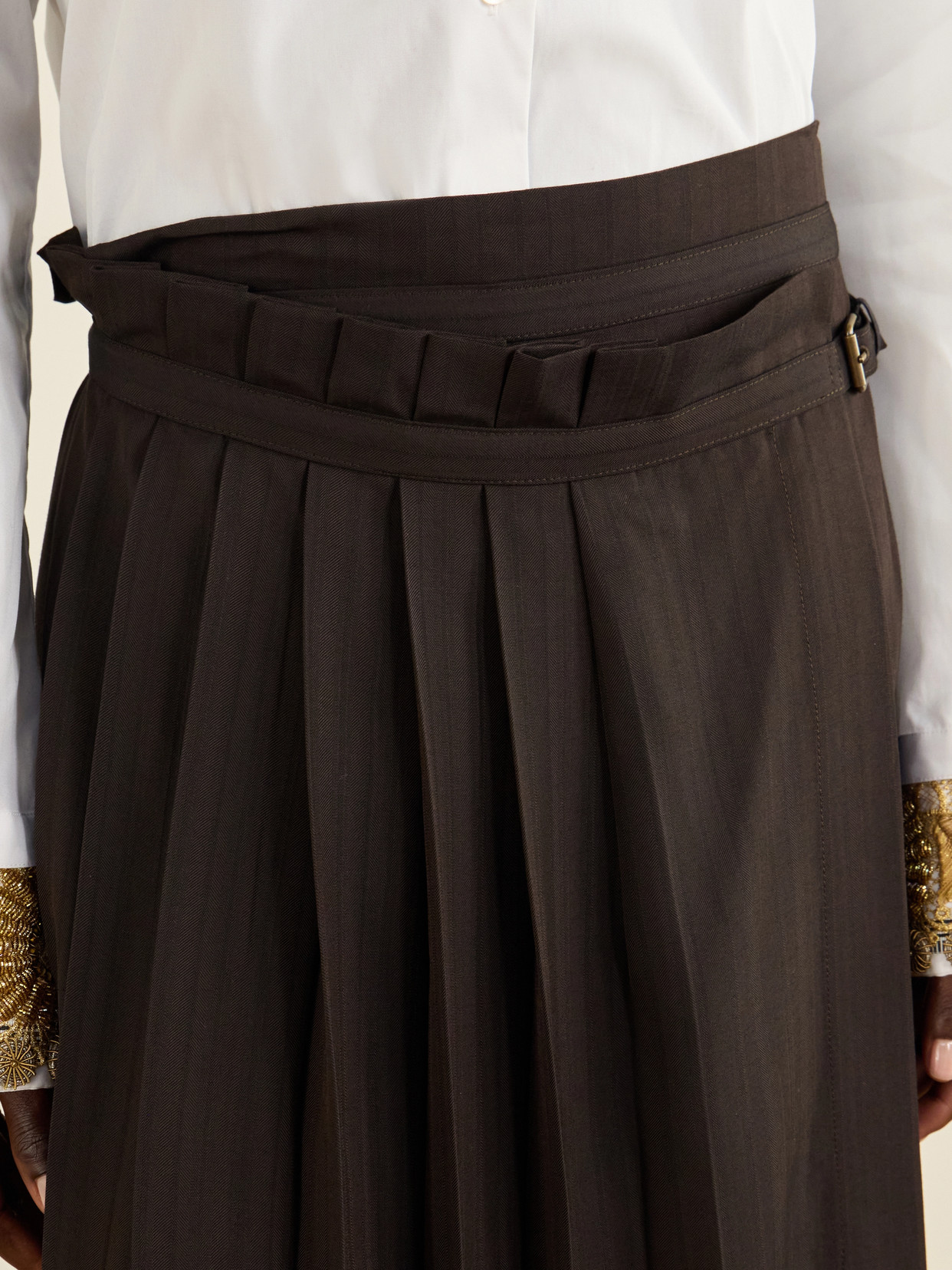 Striped Pleated Twill Knee-Length Skirt