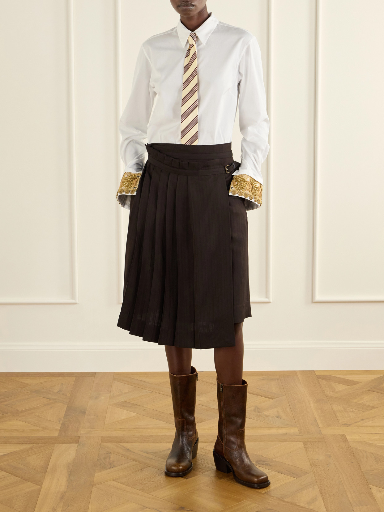 Striped Pleated Twill Knee-Length Skirt