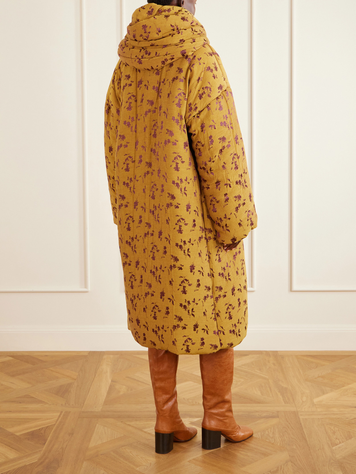 Hooded Padded Floral-Jacquard Long Jacket