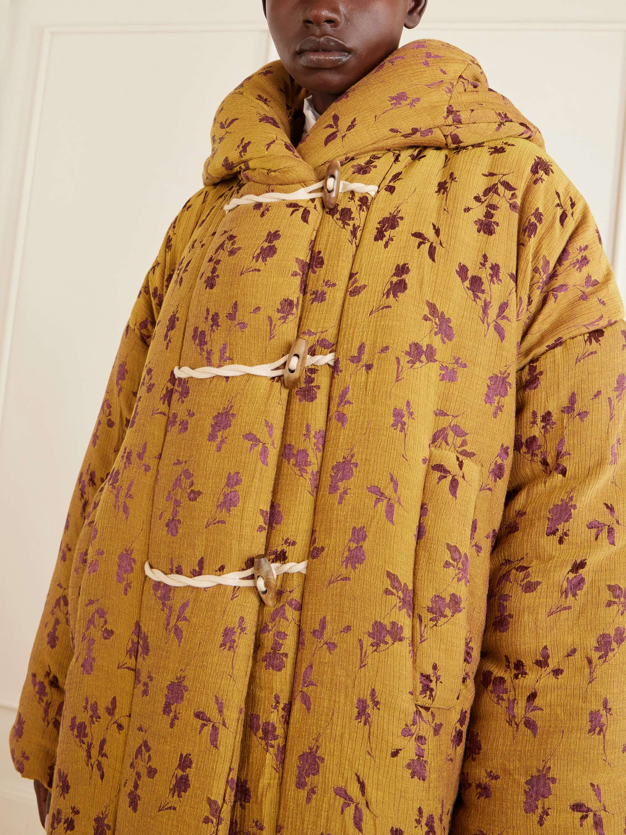 DRIES VAN NOTEN Hooded padded floral-jacquard long jacket | NET-A