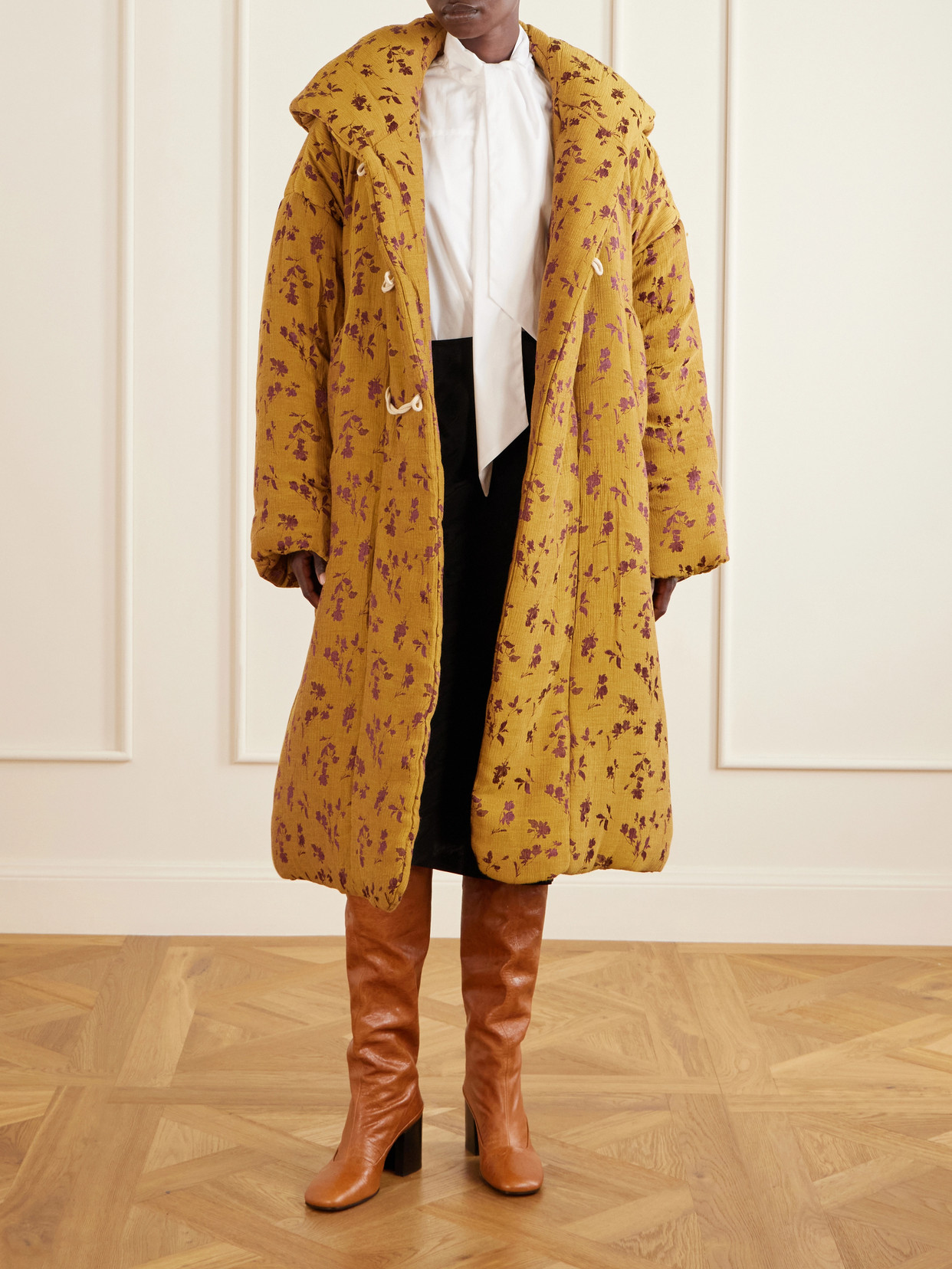 Hooded Padded Floral-Jacquard Long Jacket